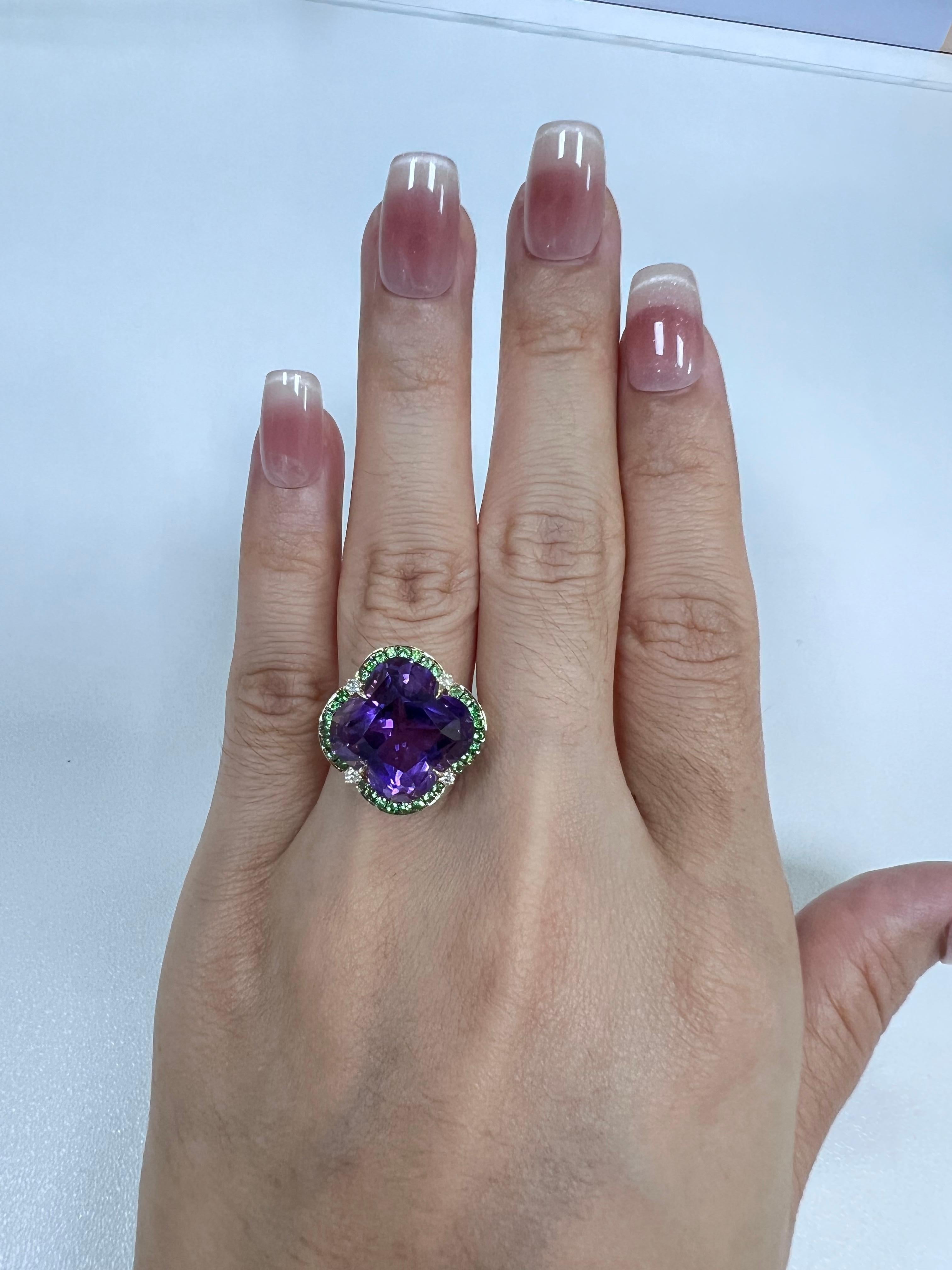 Anillo vintage de diamante amatista de 10,6 quilates＆Garnet de oro macizo de 14 quilates Art Decó en venta