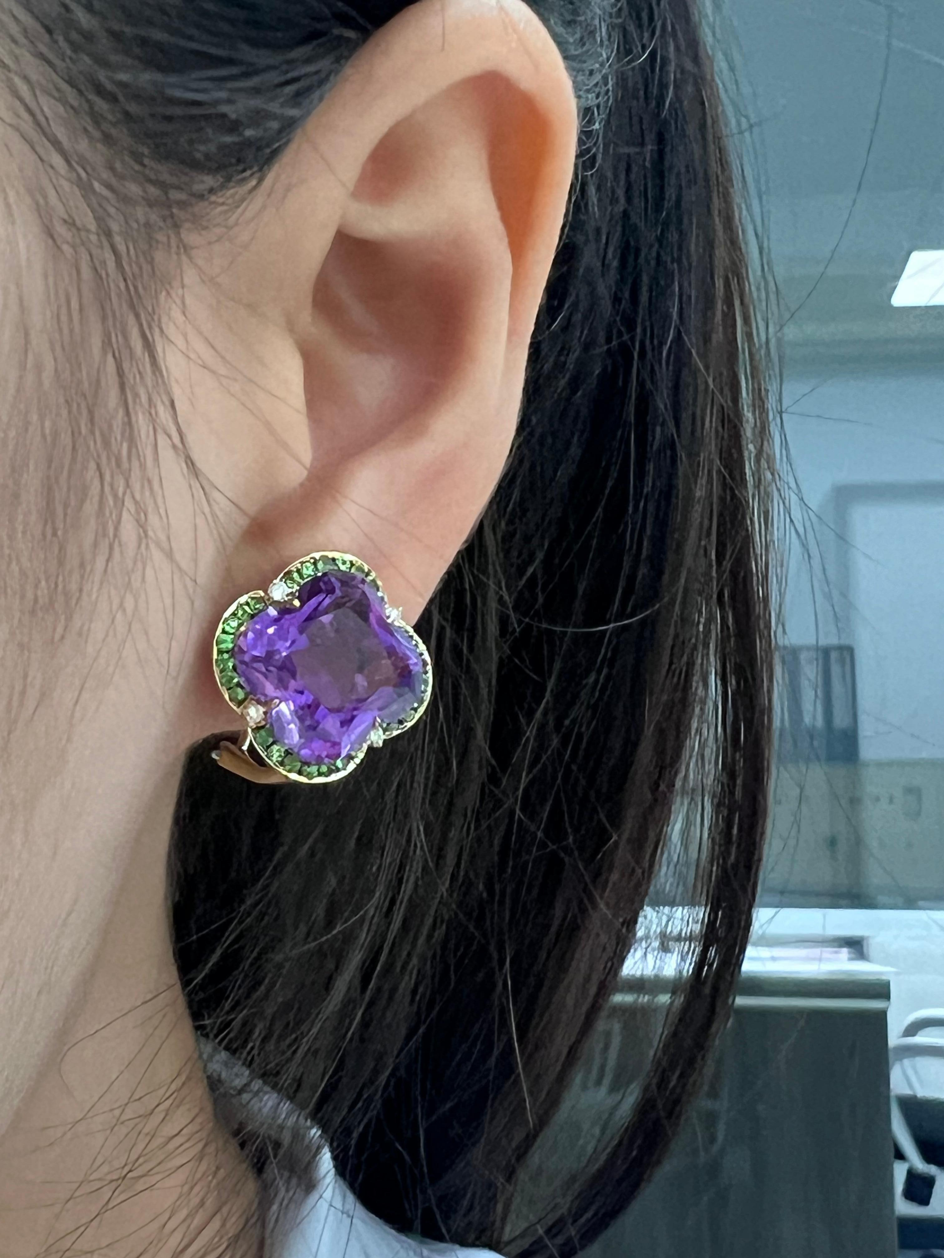 Pendientes vintage de amatista y diamante＆Garnet＆de 15,89 quilates en oro macizo de 14 quilates Corte mixto en venta