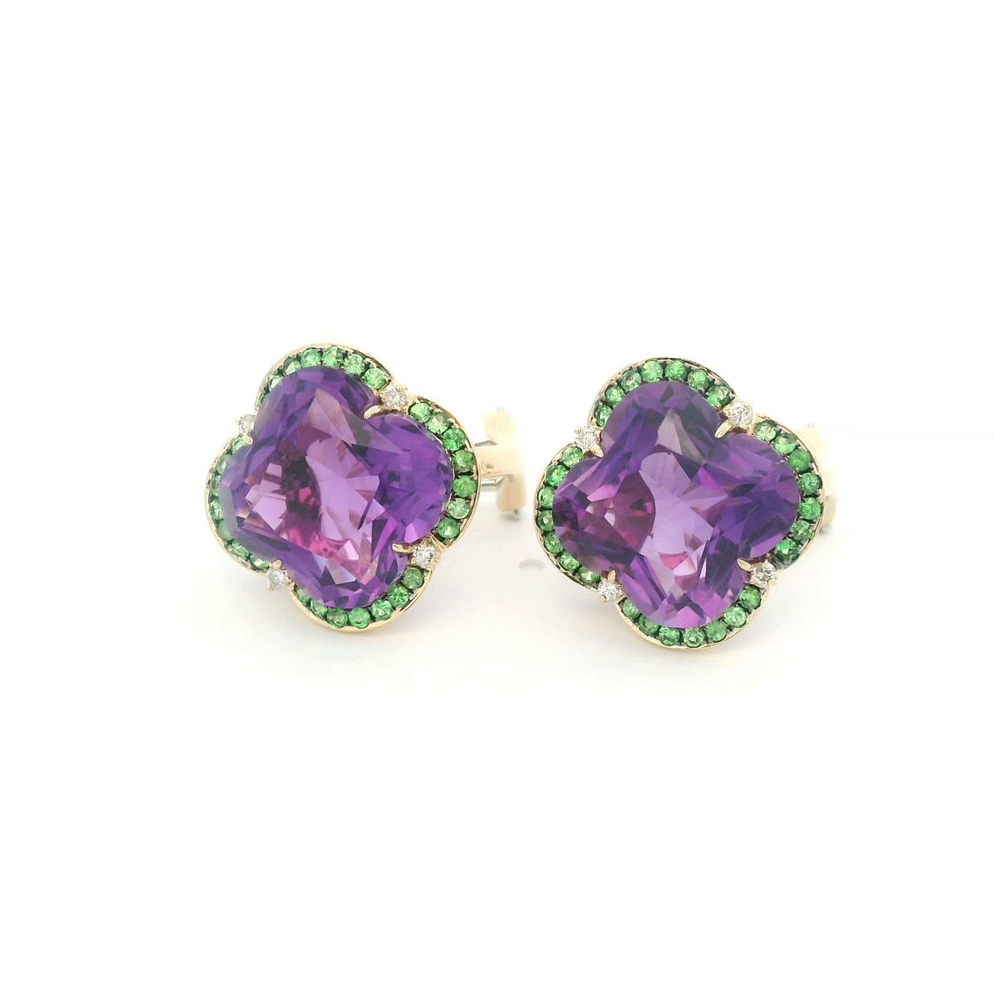 De las mujeres Pendientes vintage de amatista y diamante＆Garnet＆de 15,89 quilates en oro macizo de 14 quilates en venta