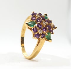 Vintage Diamonds, Amethysts, Emeralds Ring 18 Karat Yellow Gold