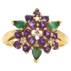Vintage Diamonds, Amethysts, Emeralds Ring 18 Karat Yellow Gold