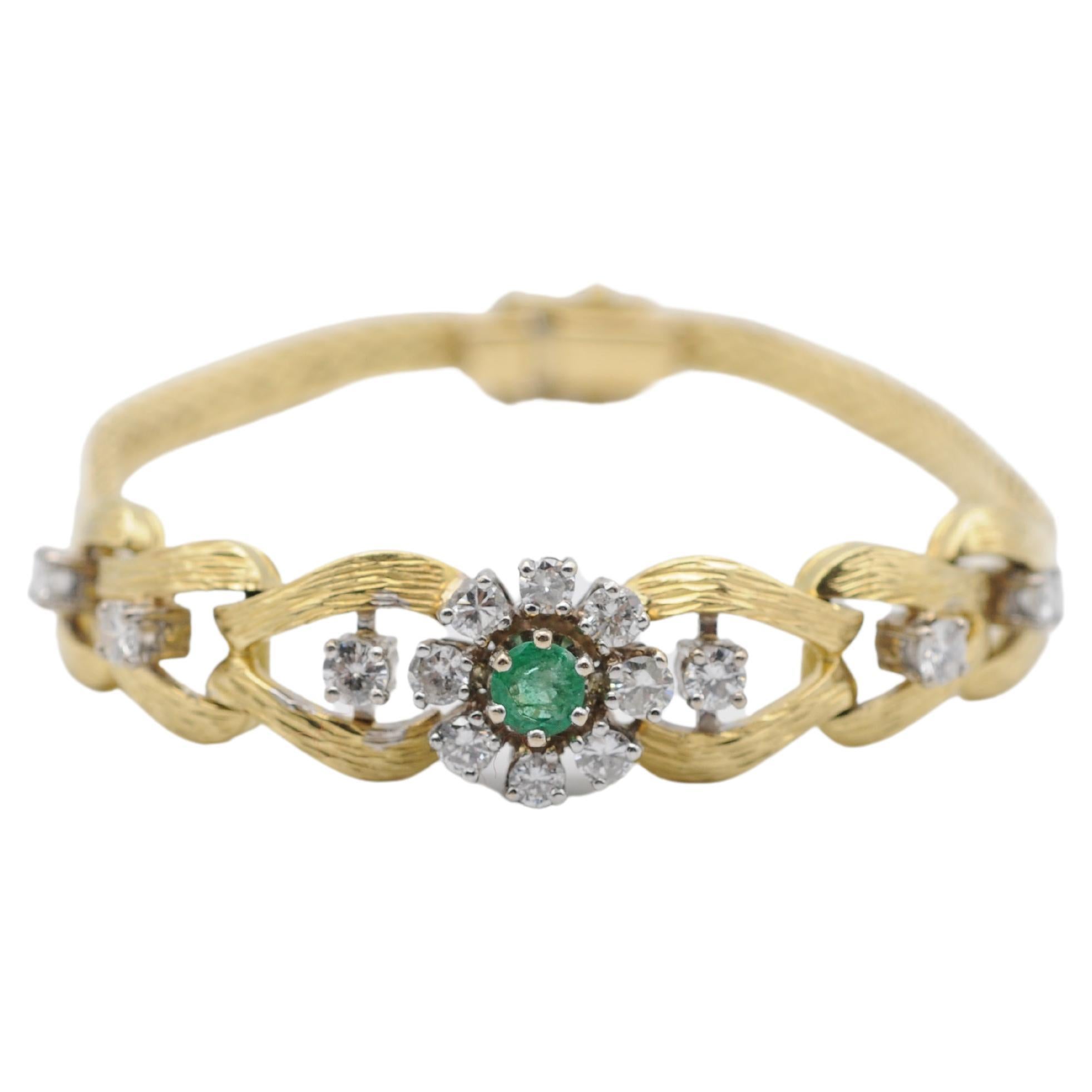 Bracelet vintage en or jaune 18 carats avec diamants et émeraudes