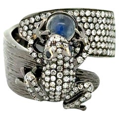 Vintage Diamonds and Moonstone Blackened Gold Frog Ring