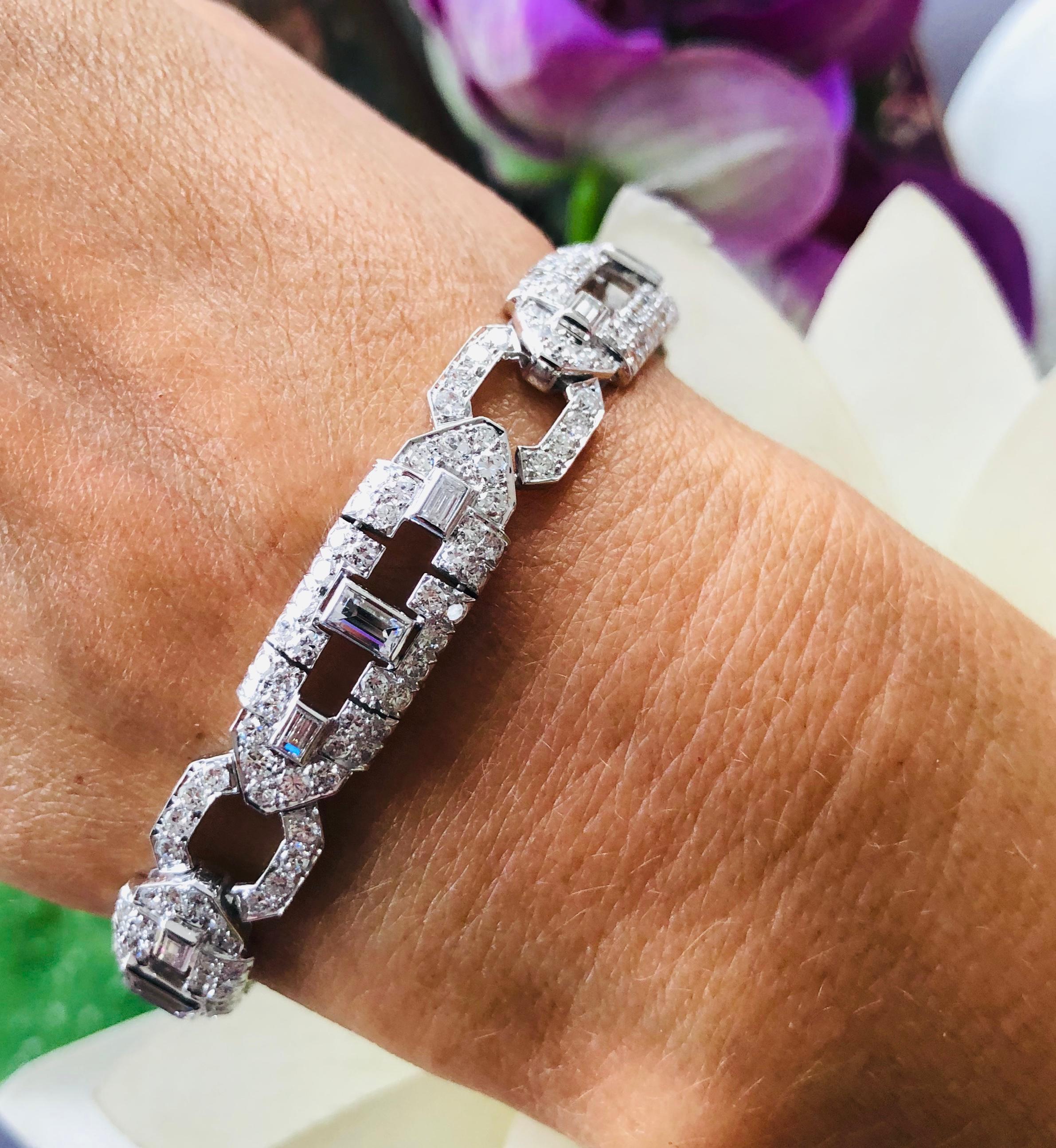 Offered here is a beautiful vintage diamond & platinum bracelet with about 10 carat total weight.

The bracelet is about 7.25” long and about 1/3” wide. Platinum weighs 25 grams. The bracelet is not marked but was acid tested for 900 platinum. The