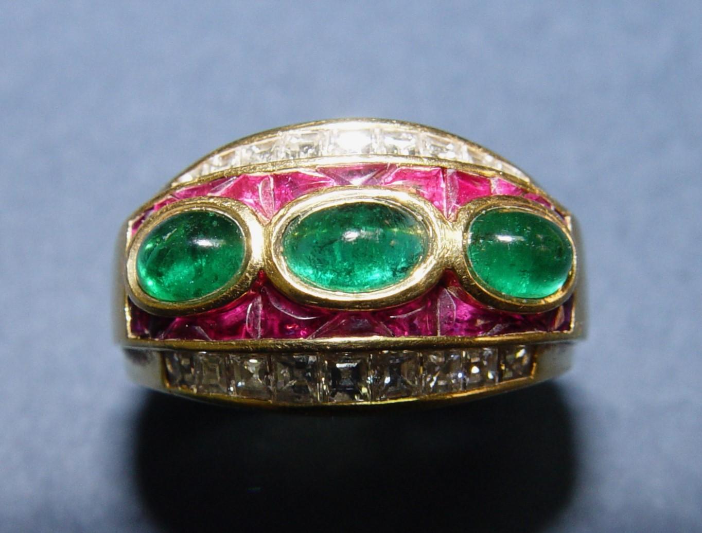 Vintage Diamonds, Rubies & Emerald cocktail ring/band 18K s-9 For Sale 5