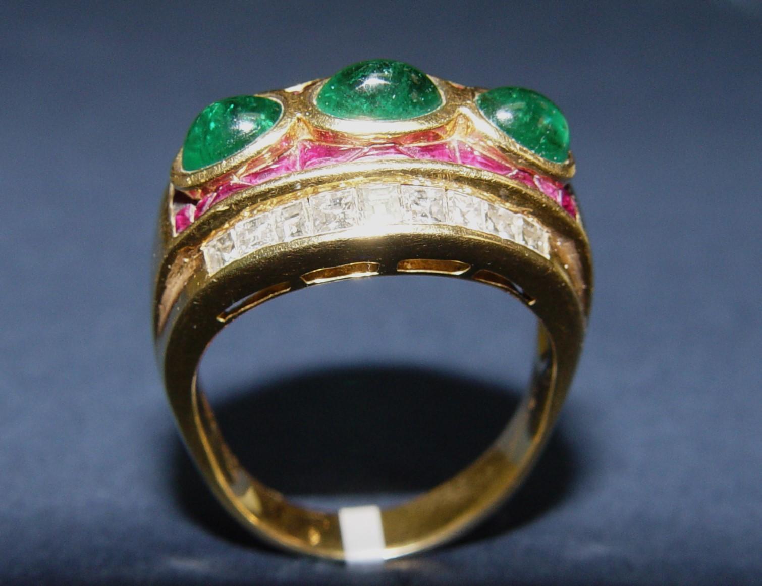 Vintage Diamonds, Rubies & Emerald cocktail ring/band 18K s-9 For Sale 6
