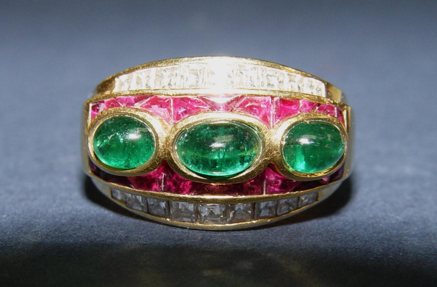 Vintage Diamonds, Rubies & Emerald cocktail ring/band 18K s-9 For Sale 8