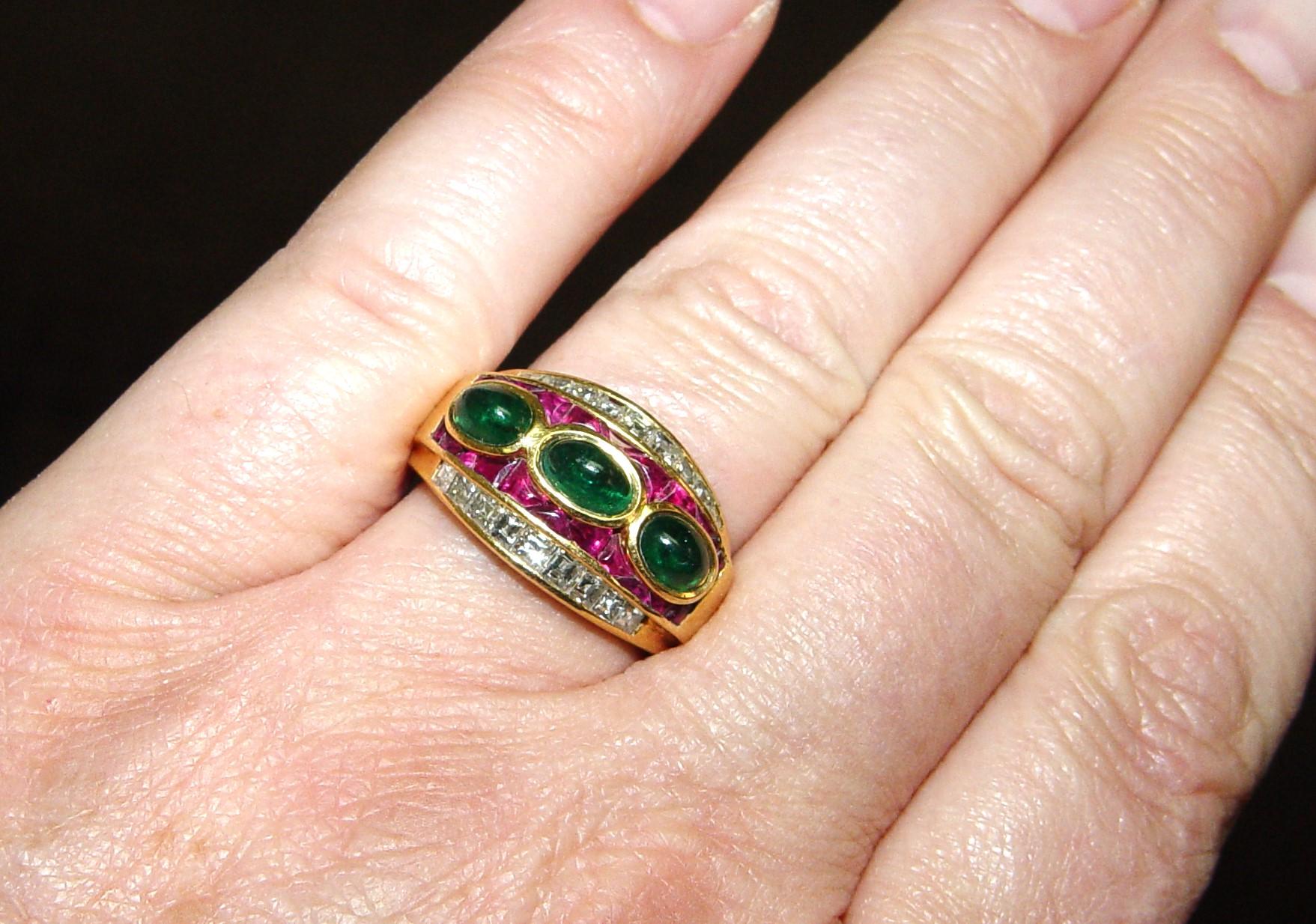 Vintage Diamonds, Rubies & Emerald cocktail ring/band 18K s-9 For Sale 11