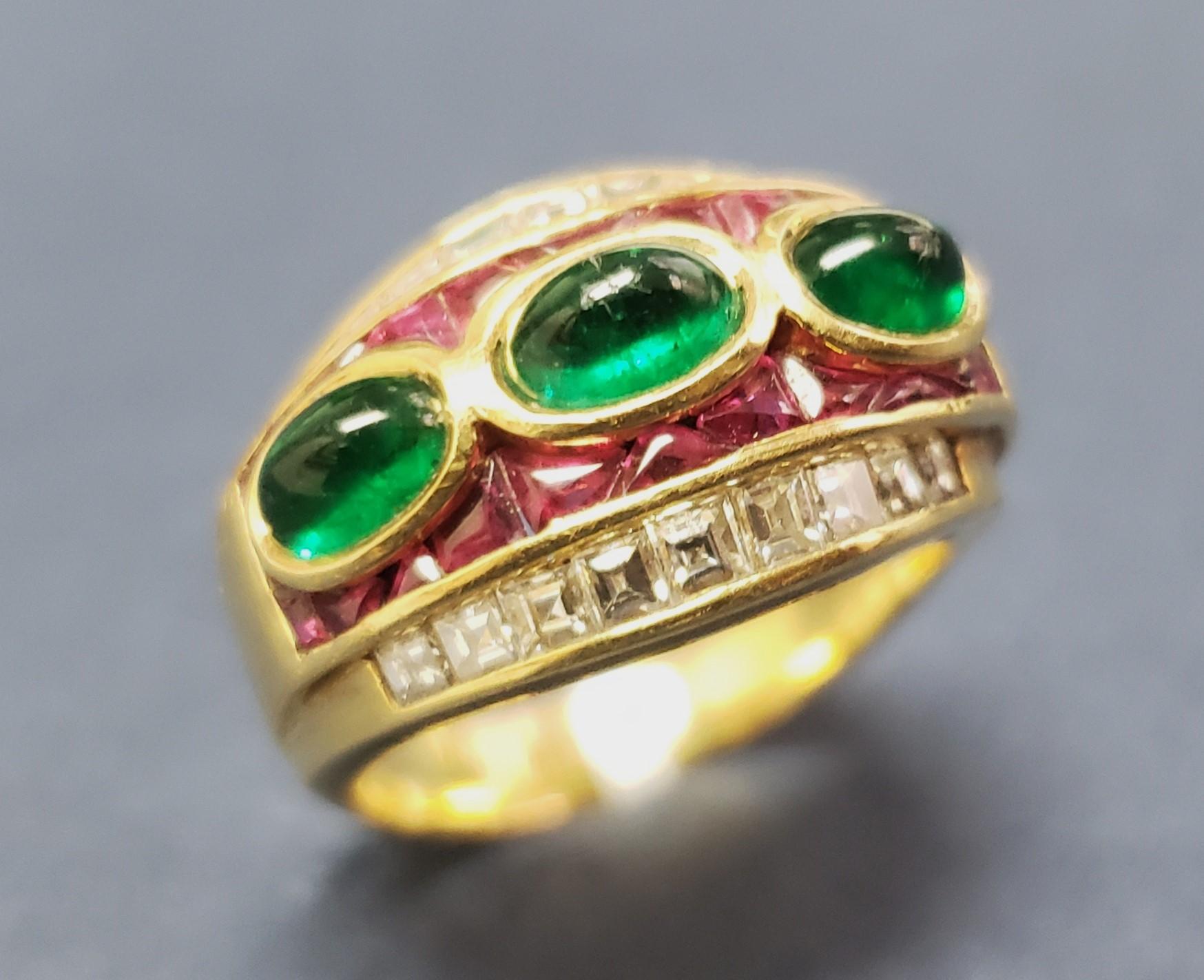 Vintage cocktail ring/anniversary band (most likely 1950's) channel set with 18 square step cut natural diamonds 0.92CT (F-G in color, VS in clarity, beautiful sparkly stones). Ring bezel set with 3 oval cabochon cut natural emeralds 1.58CT total