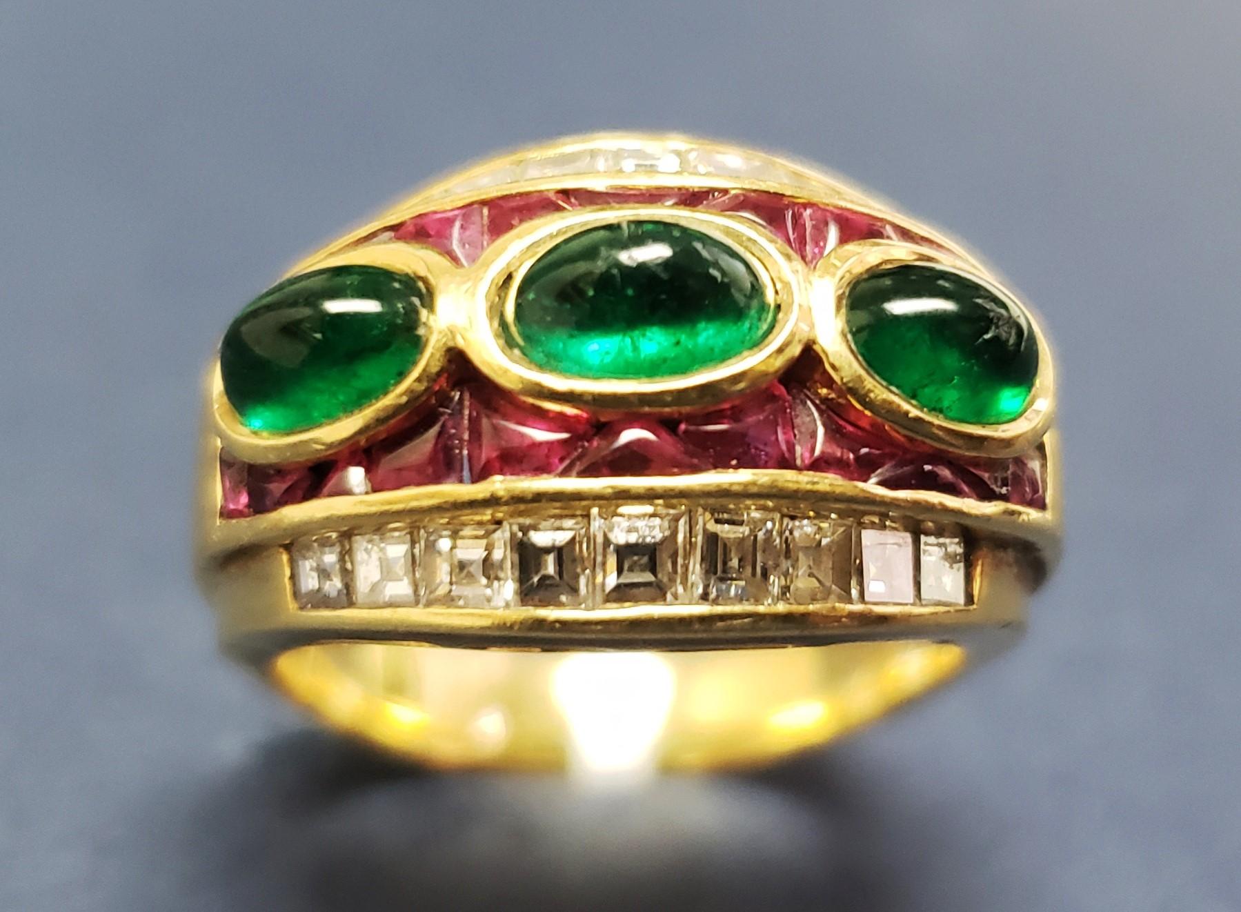 Art Deco Vintage Diamonds, Rubies & Emerald cocktail ring/band 18K s-9 For Sale