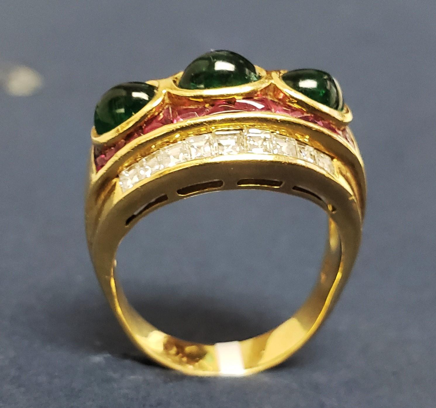Cabochon Vintage Diamonds, Rubies & Emerald cocktail ring/band 18K s-9 For Sale