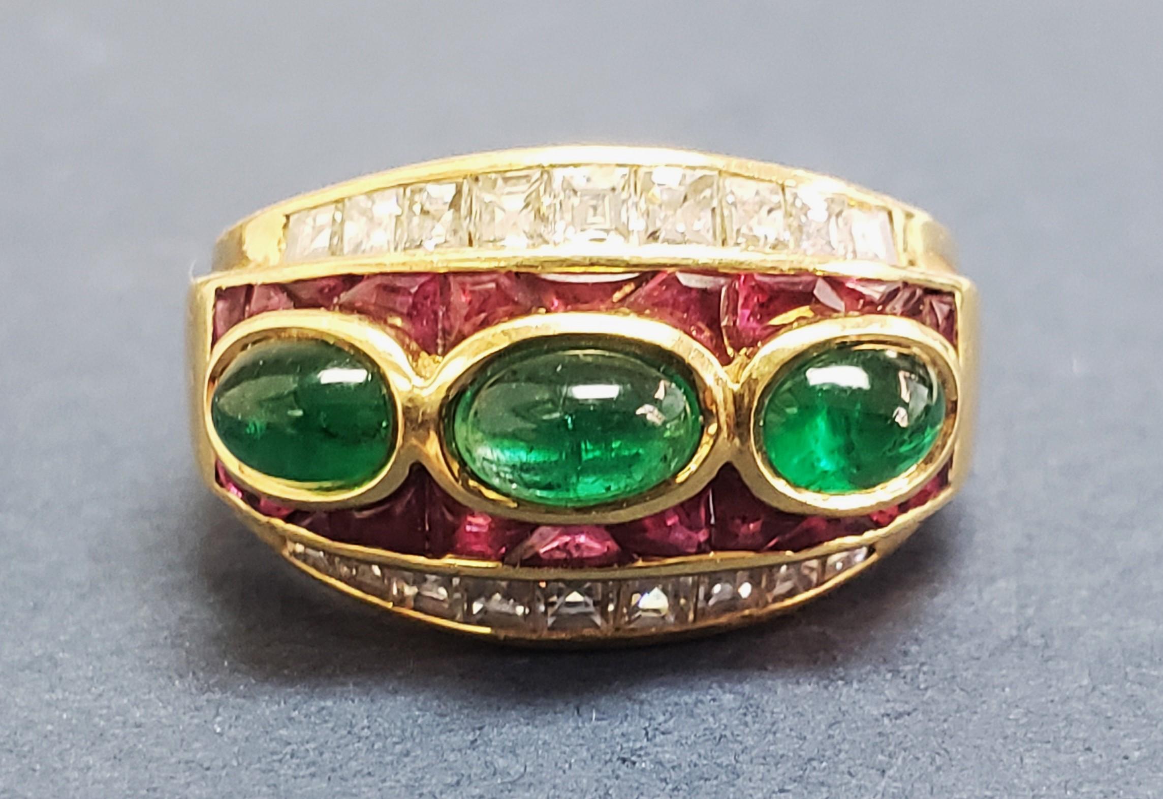 Women's or Men's Vintage Diamonds, Rubies & Emerald cocktail ring/band 18K s-9 For Sale