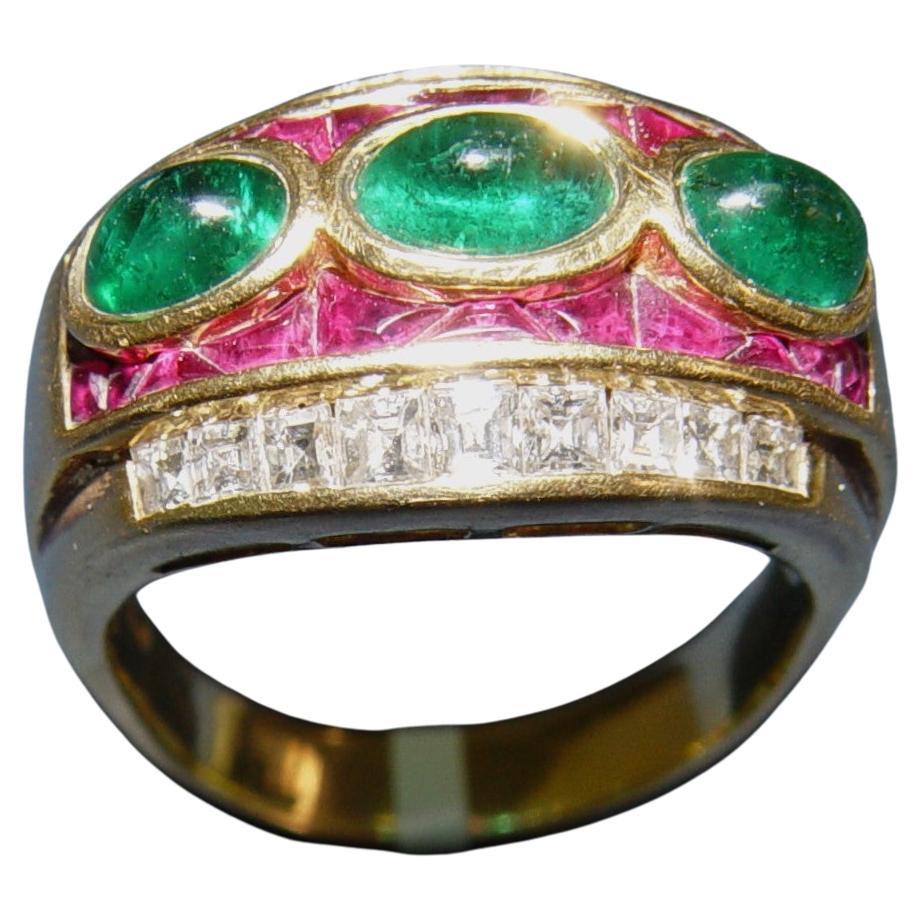 Vintage Diamonds, Rubies & Emerald cocktail ring/band 18K s-9 For Sale