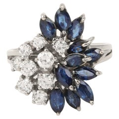 Vintage Diamonds Sapphires 18 Carat White Gold Asymmetrical Ring