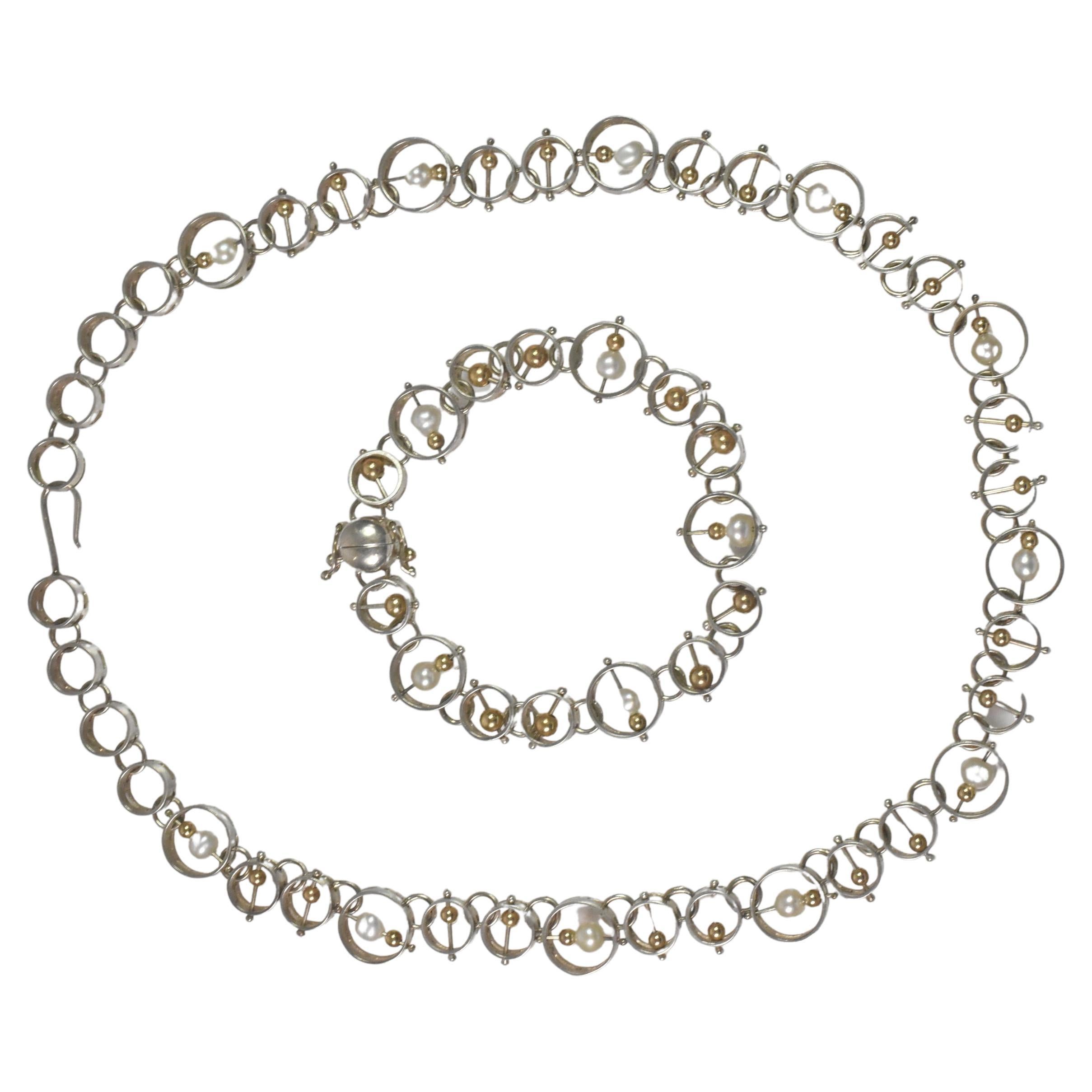 Vintage Dian Malouf 'DLM' Sterling & 14k Gold Modernist Necklace & Bracelet Set For Sale