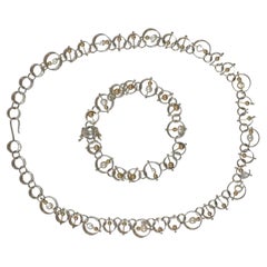 Vintage Dian Malouf 'DLM' Sterling & 14k Gold Modernist Necklace & Bracelet Set