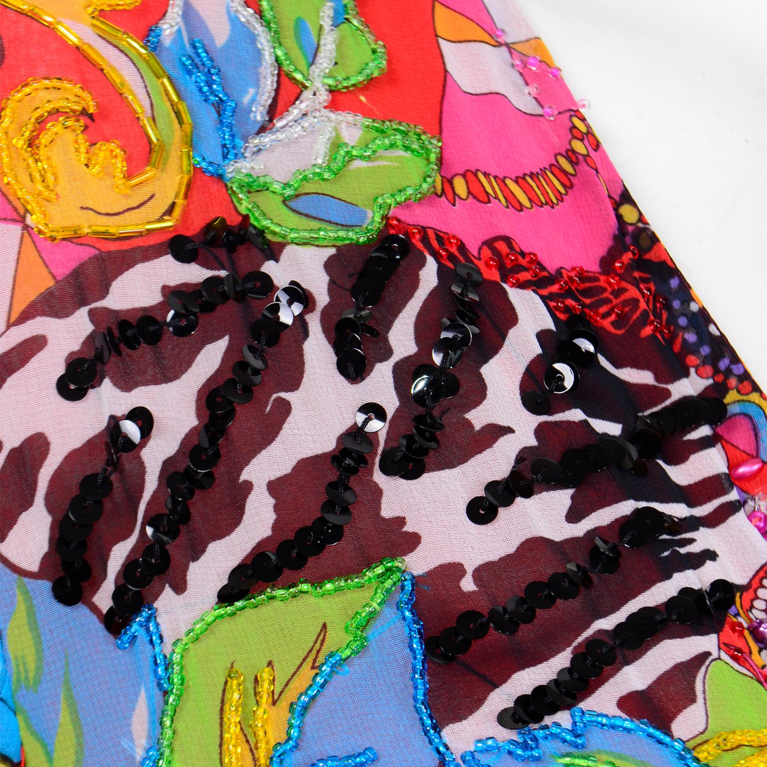 Vintage Diane Freis Beaded Multi Print Colorful Bold 2 Pc Chiffon Dress  For Sale 2