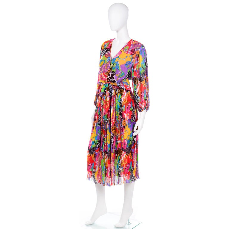 Vintage Diane Freis Beaded Multi Print Colorful Bold 2 Pc Chiffon Dress ...
