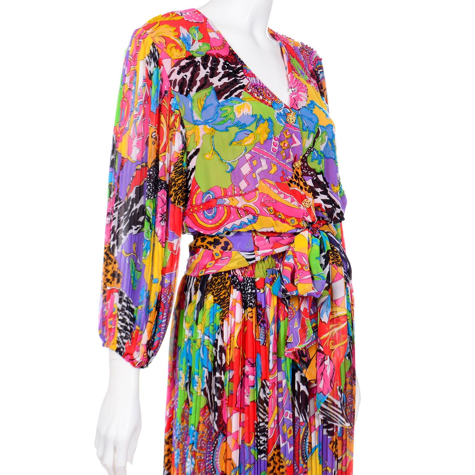 Pink Vintage Diane Freis Beaded Multi Print Colorful Bold 2 Pc Chiffon Dress  For Sale