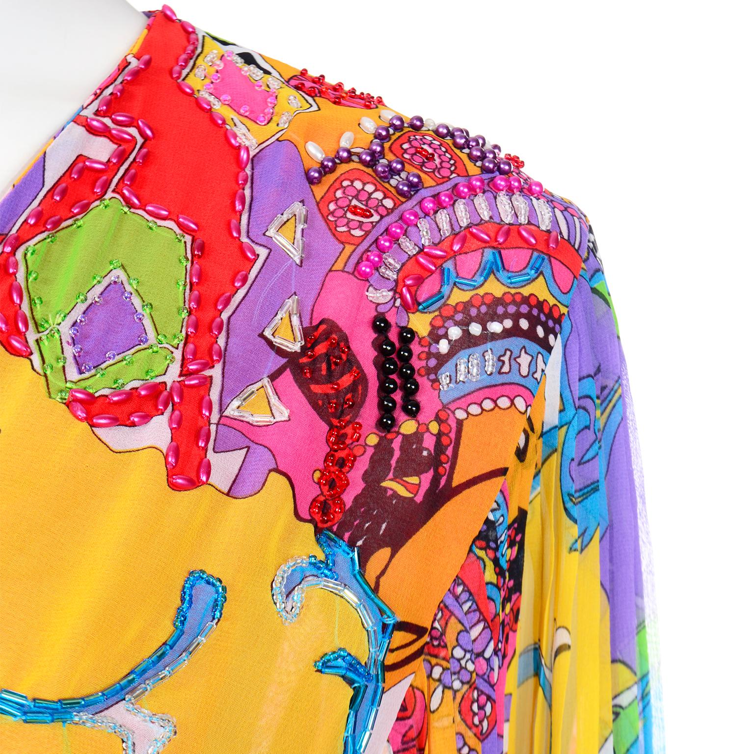 Women's Vintage Diane Freis Beaded Multi Print Colorful Bold 2 Pc Chiffon Dress  For Sale