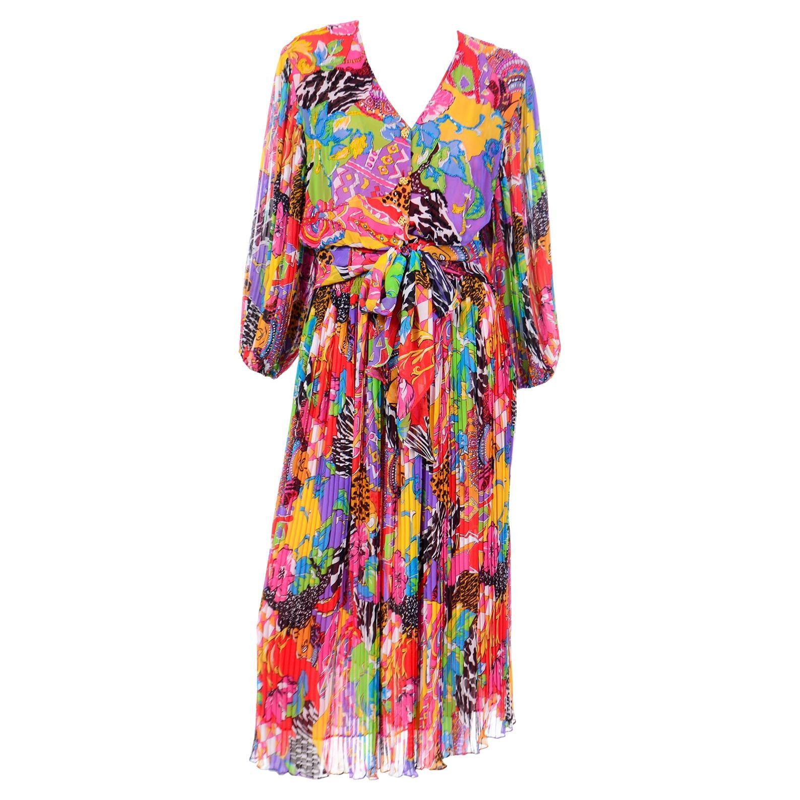 Vintage Diane Freis Beaded Multi Print Colorful Bold 2 Pc Chiffon Dress  For Sale