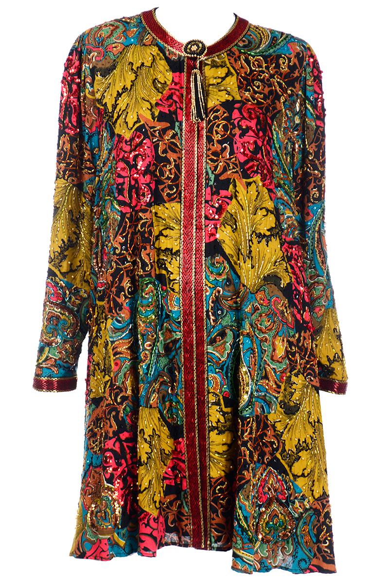 Vintage Diane Freis Beaded Sequin Swing Jacket in Multi Colored Baroque Print 7