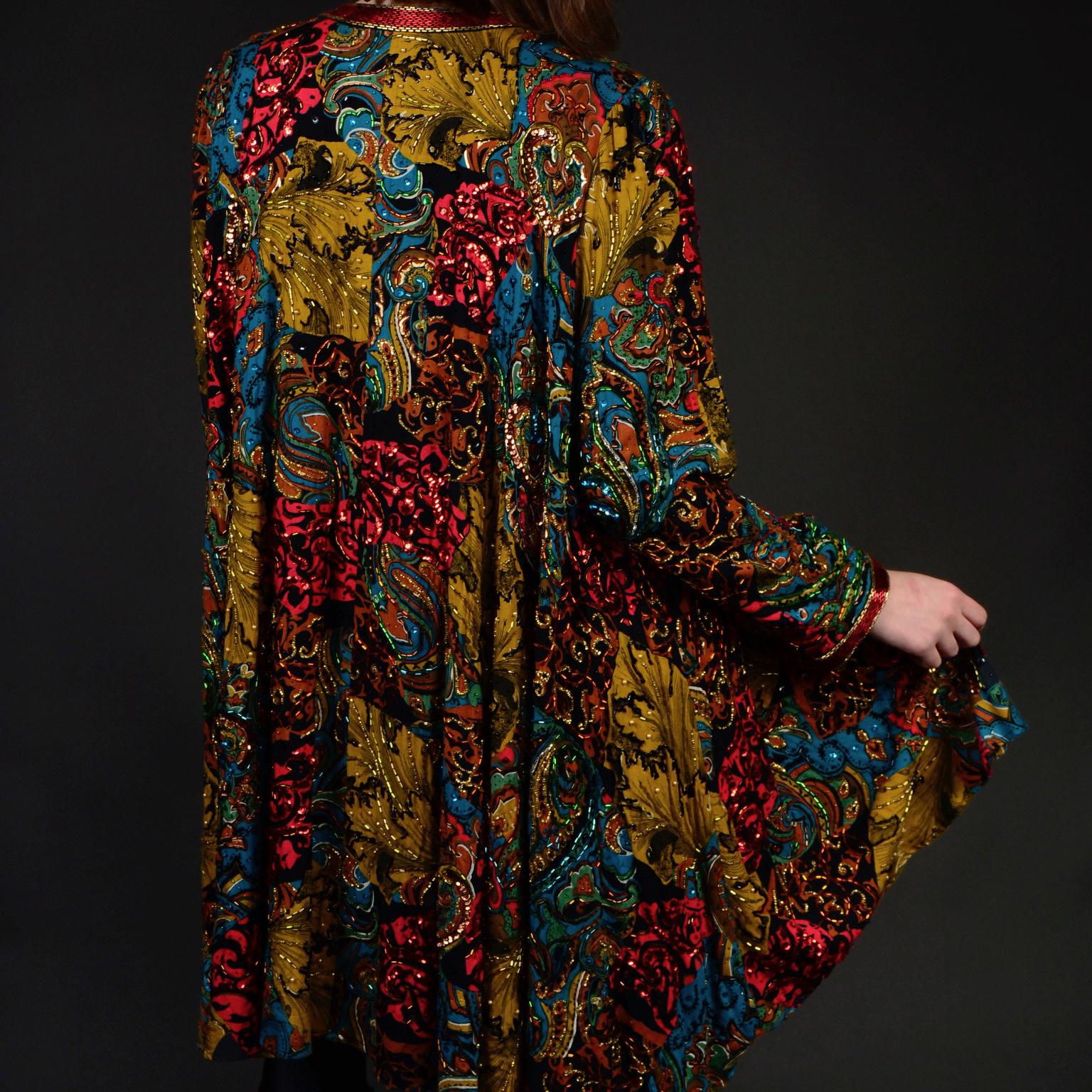 Vintage Diane Freis Beaded Sequin Swing Jacket in Multi Colored Baroque Print 10