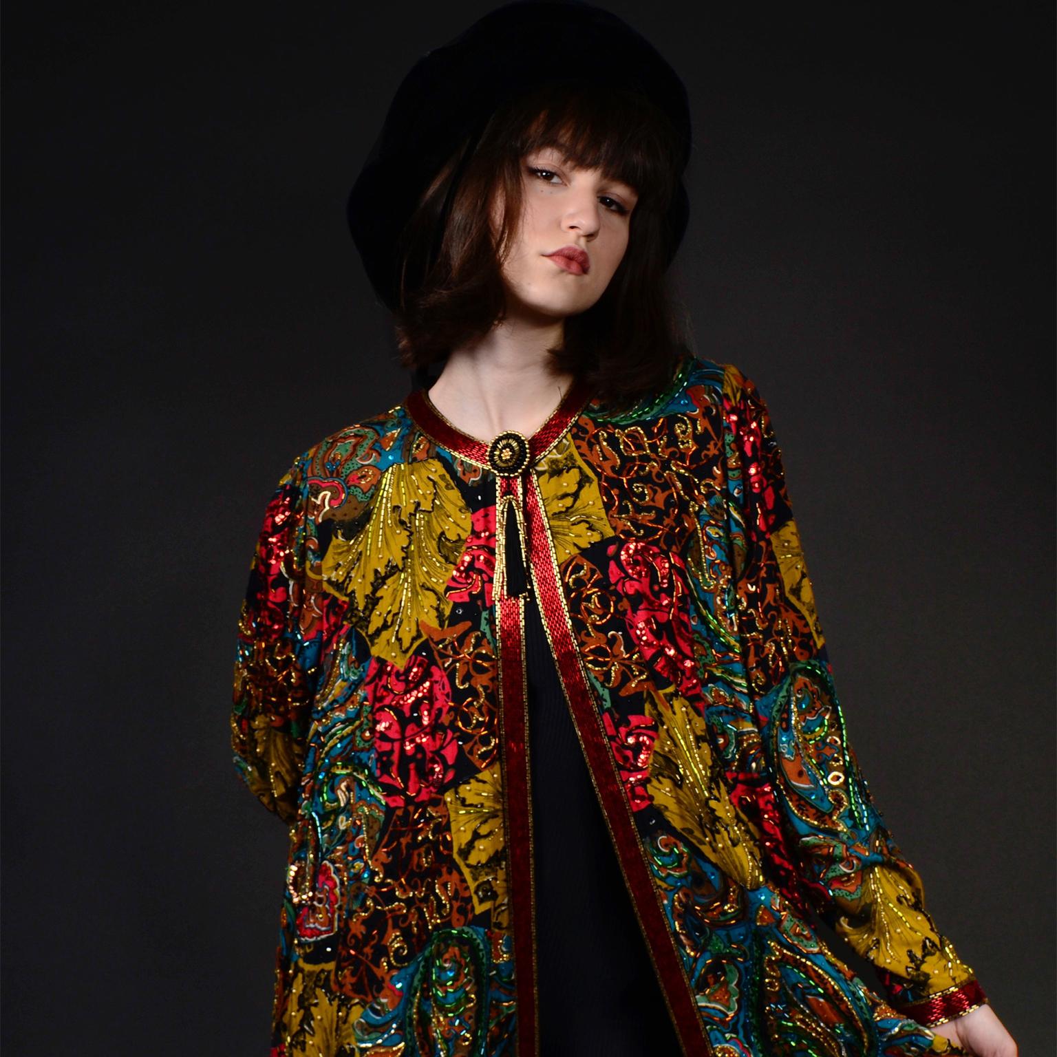 Vintage Diane Freis Beaded Sequin Swing Jacket in Multi Colored Baroque Print 11
