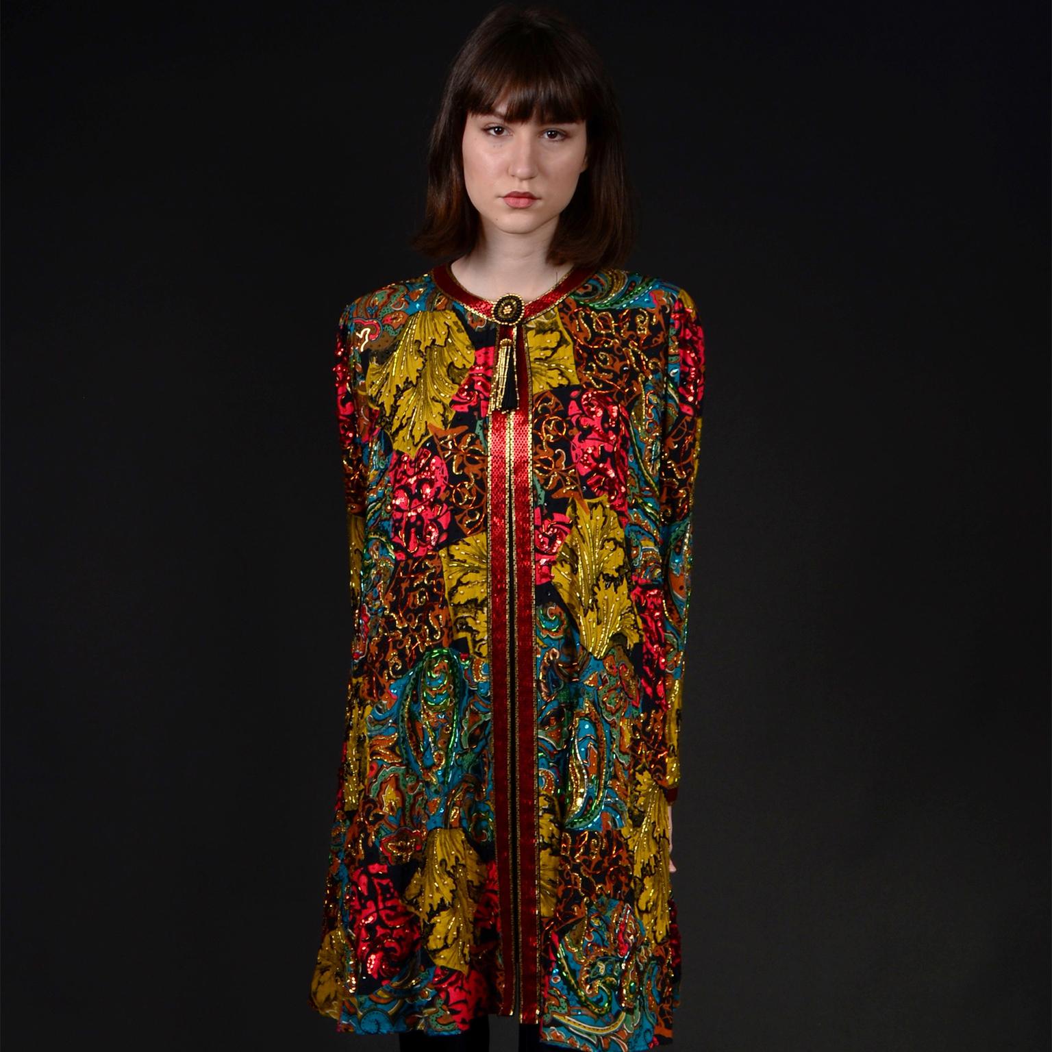 Brown Vintage Diane Freis Beaded Sequin Swing Jacket in Multi Colored Baroque Print