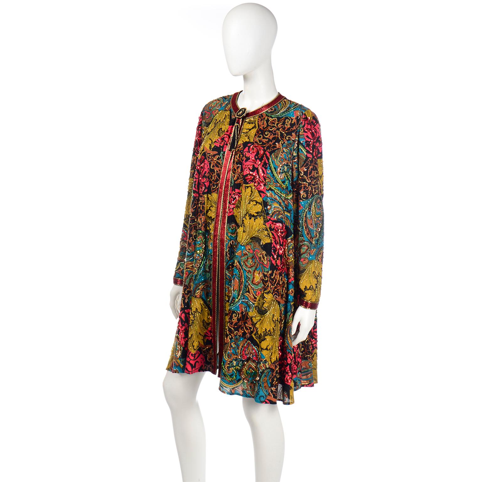 Vintage Diane Freis Beaded Sequin Swing Jacket in Multi Colored Baroque Print 1