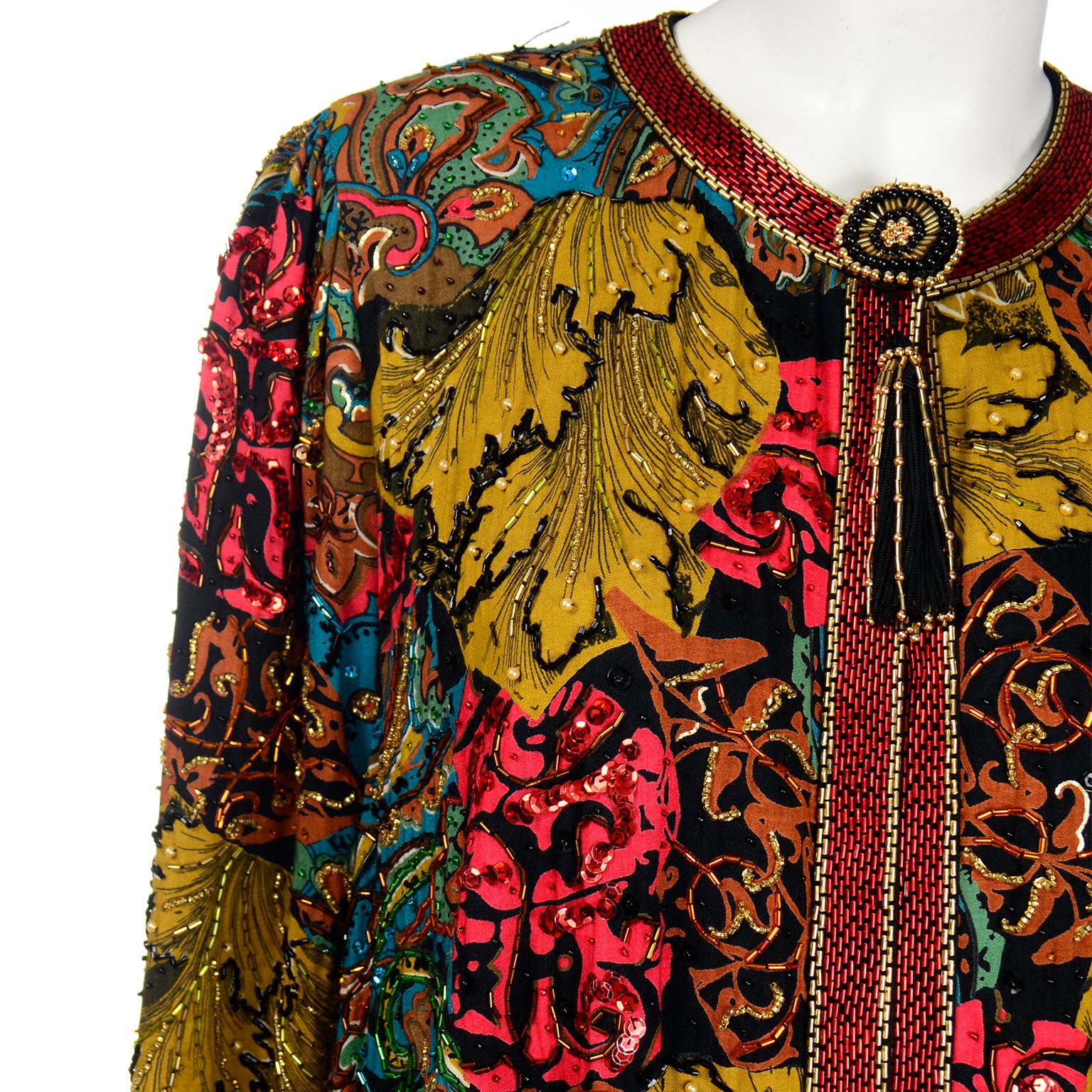 Vintage Diane Freis Beaded Sequin Swing Jacket in Multi Colored Baroque Print 2