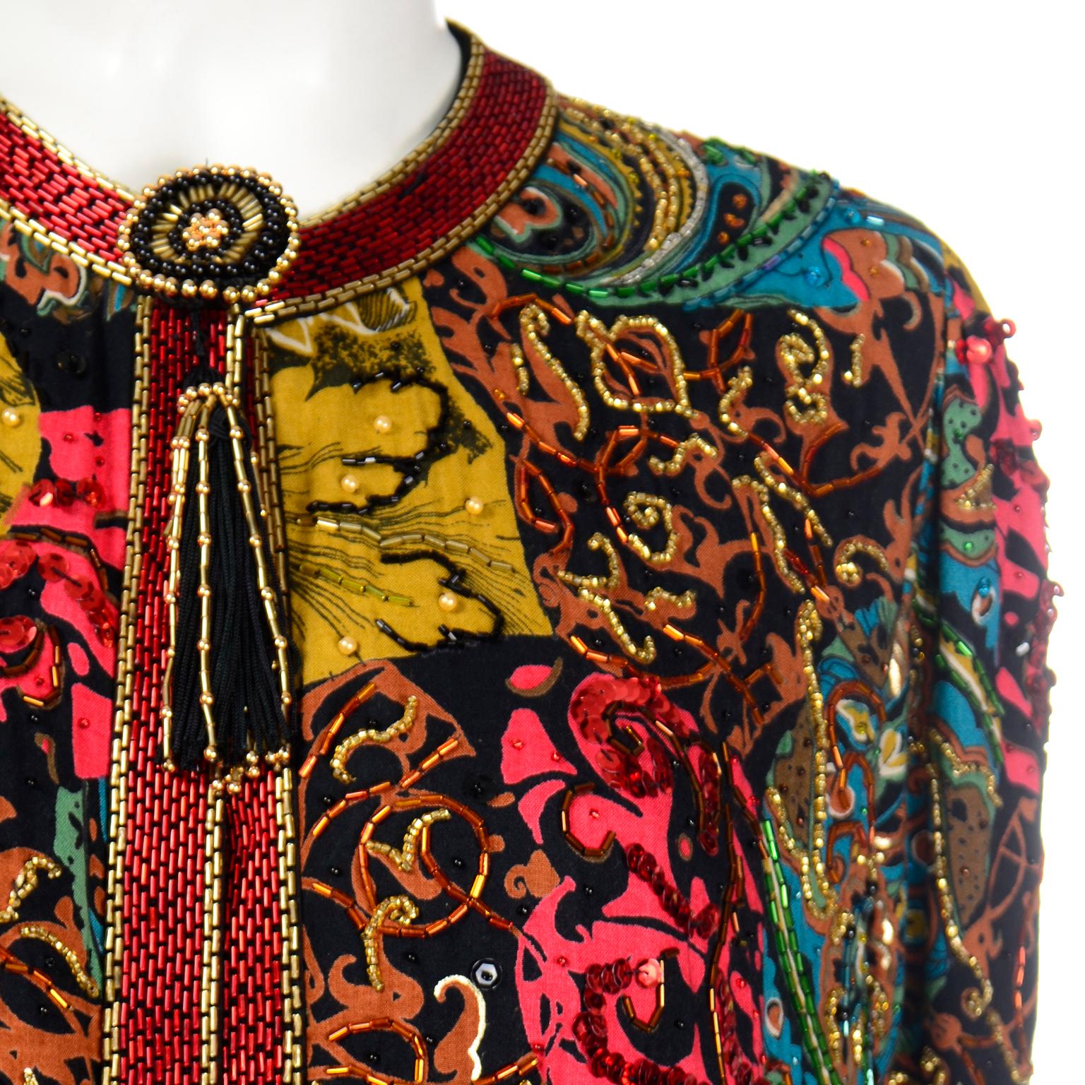 Vintage Diane Freis Beaded Sequin Swing Jacket in Multi Colored Baroque Print 3