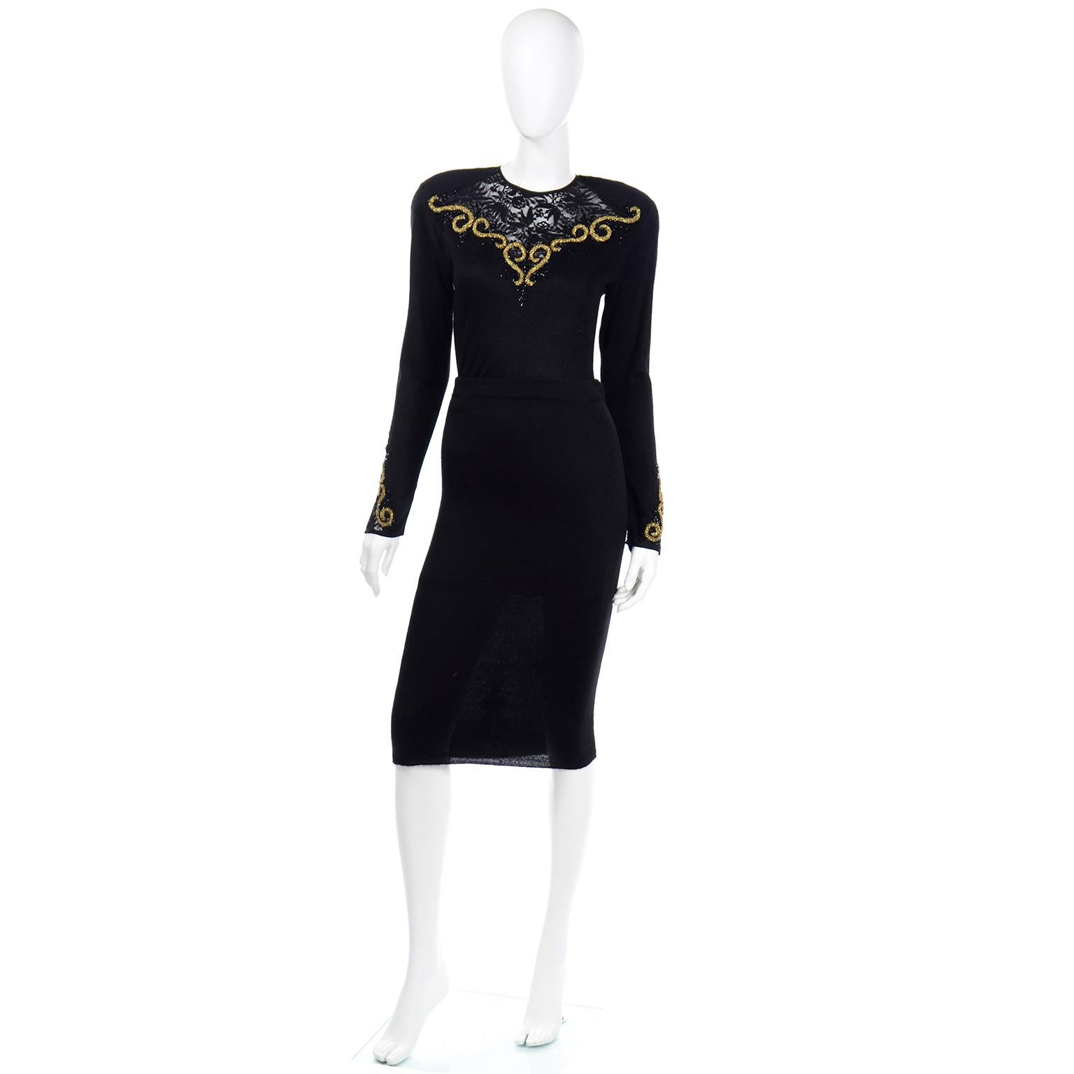 This 2 piece vintage Diane Freis black evening ensemble has so many unique details that make it really special! The dress is in a luxe rayon knit and has sheer black lace, black beads and thick metallic gold bead embroidery on the bodice, at the