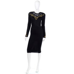 Vintage Diane Freis Black Knit 2pc Dress With Gold Metallic Embroidery and Lace