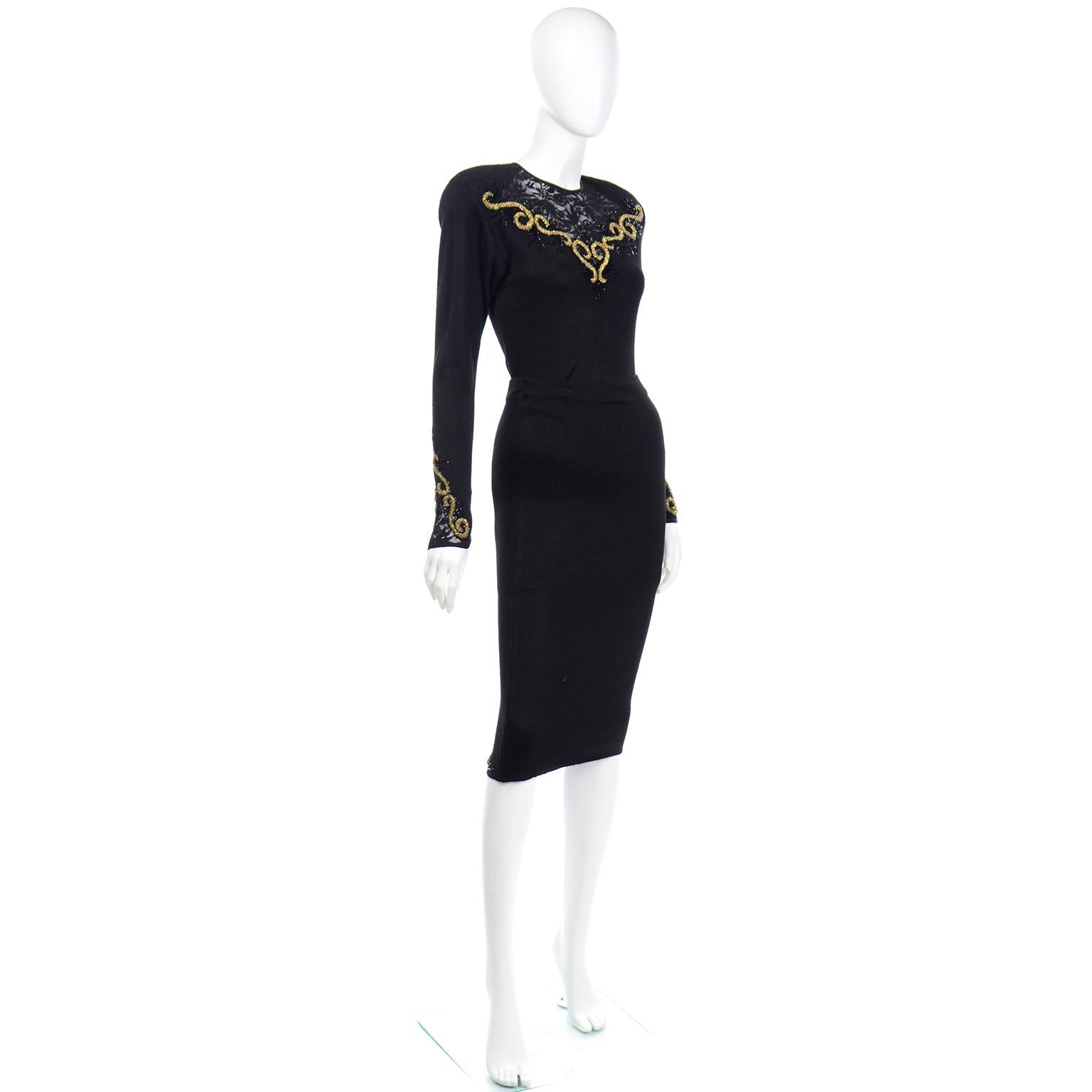 Vintage Diane Freis Black Knit 2pc Dress With Gold Metallic Embroidery and Lace In Excellent Condition In Portland, OR