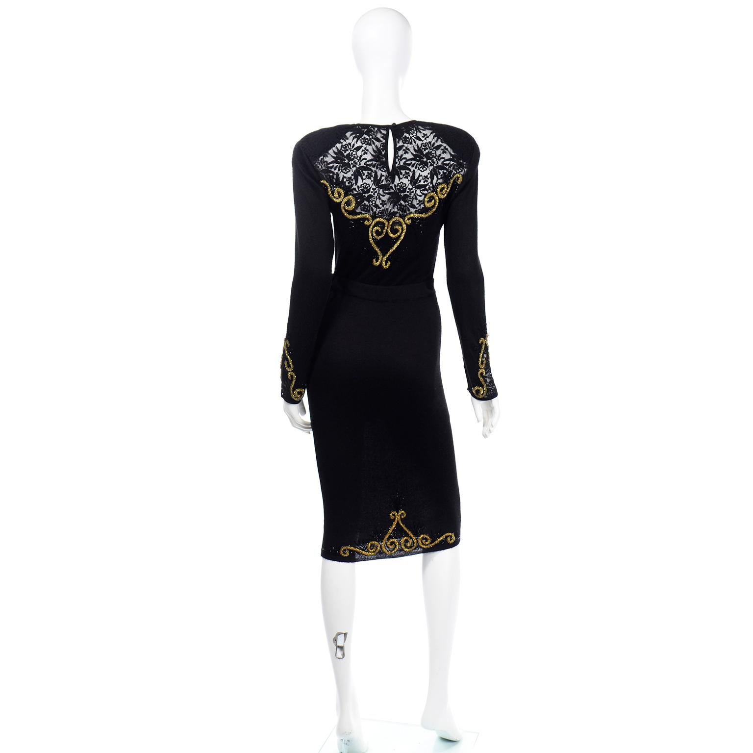 Women's Vintage Diane Freis Black Knit 2pc Dress With Gold Metallic Embroidery and Lace