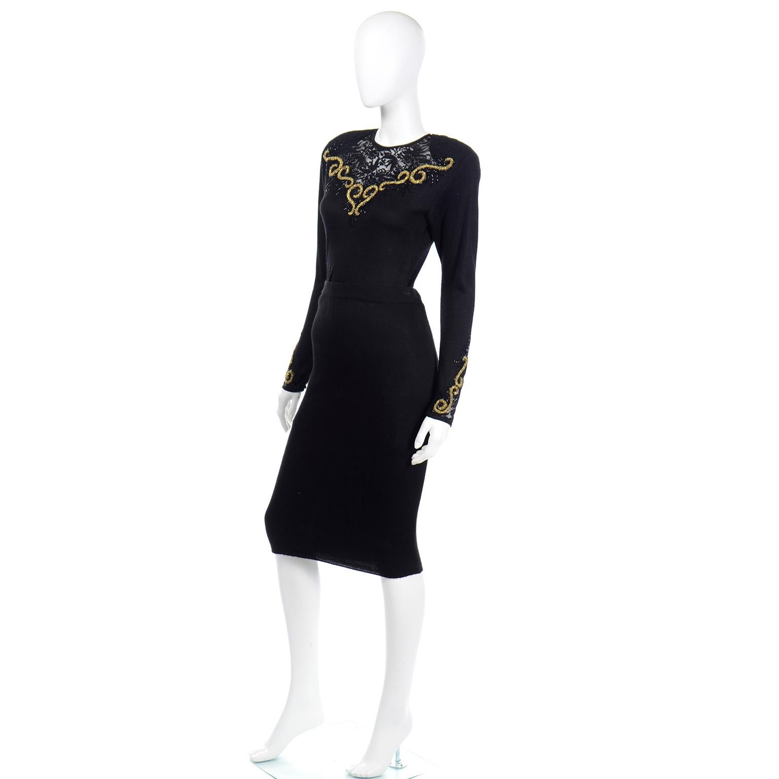 Vintage Diane Freis Black Knit 2pc Dress With Gold Metallic Embroidery and Lace 2