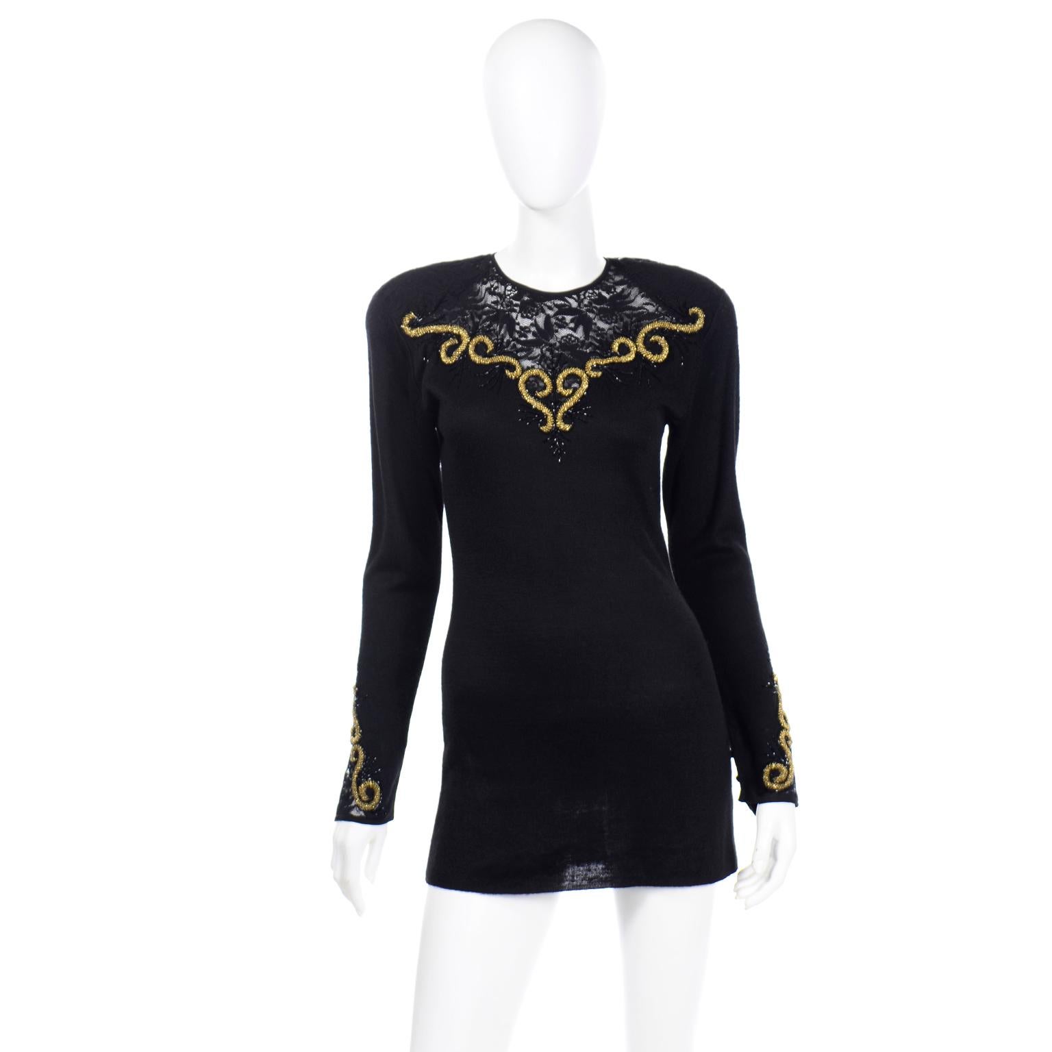 Vintage Diane Freis Black Knit 2pc Dress With Gold Metallic Embroidery and Lace 3