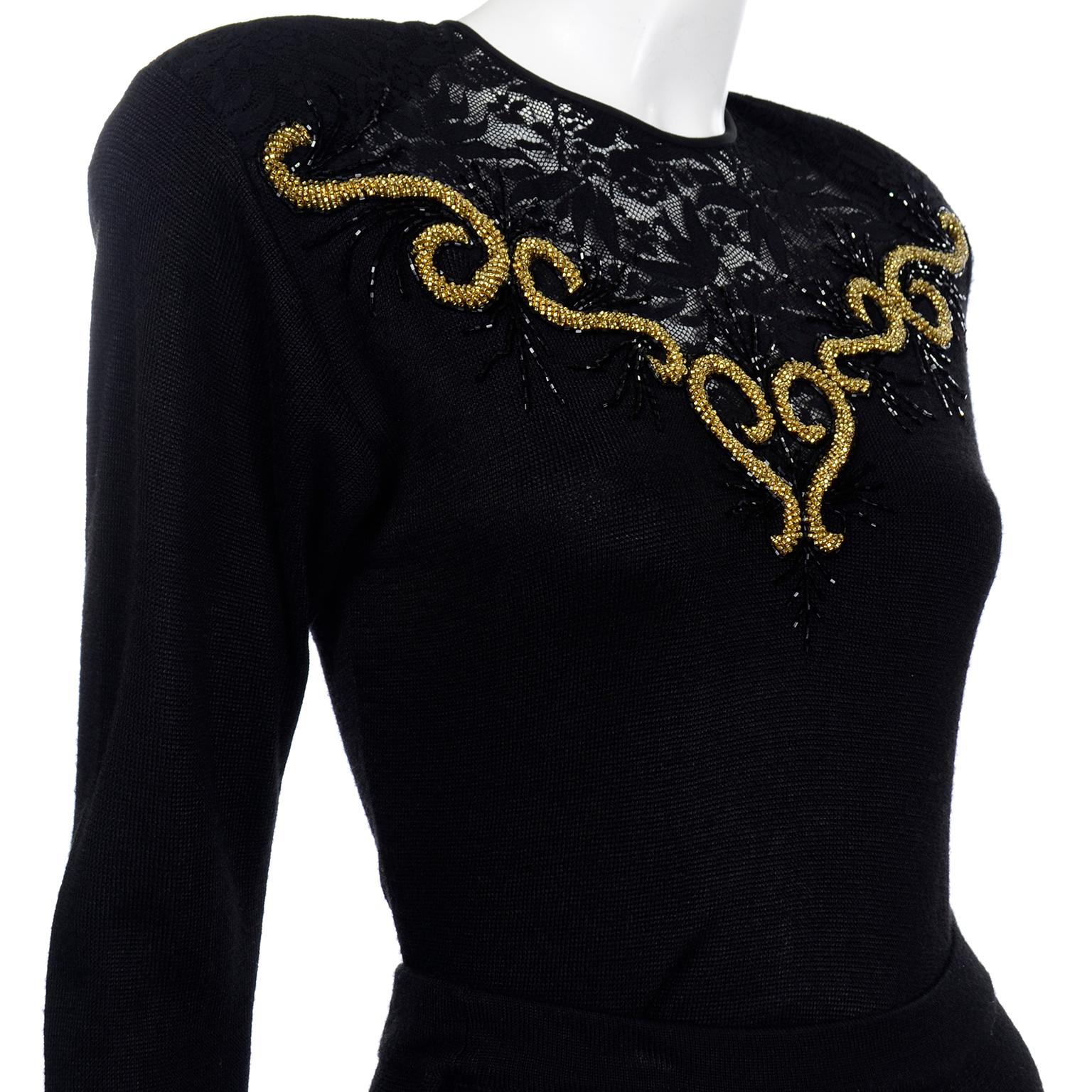 Vintage Diane Freis Black Knit 2pc Dress With Gold Metallic Embroidery and Lace 4