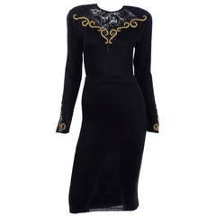 Vintage Diane Freis Black Knit 2pc Dress With Gold Metallic Embroidery and Lace