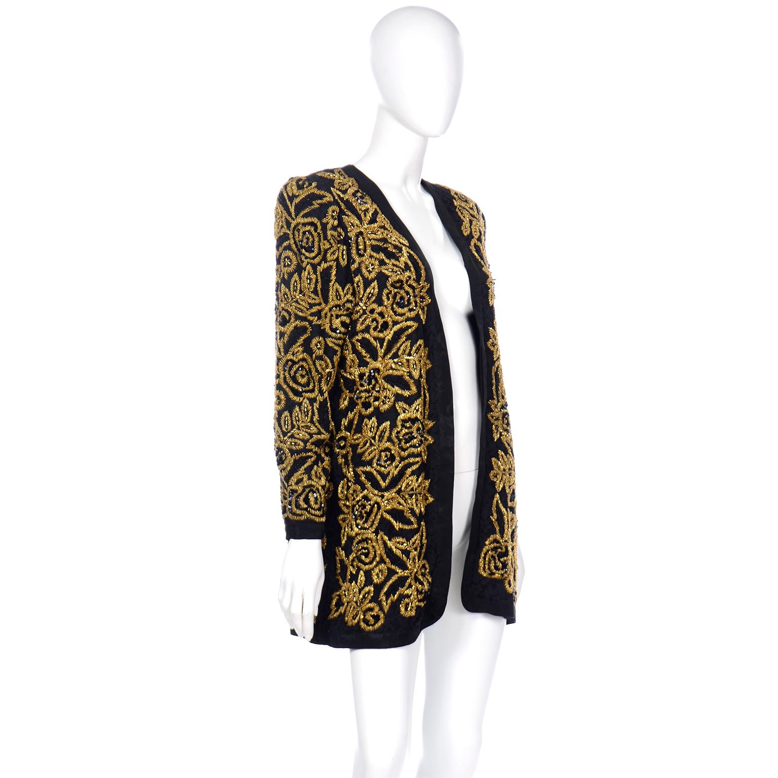 Vintage Diane Freis Black Silk Open Front Evening Jacket W Heavy Gold Embroidery In Excellent Condition In Portland, OR