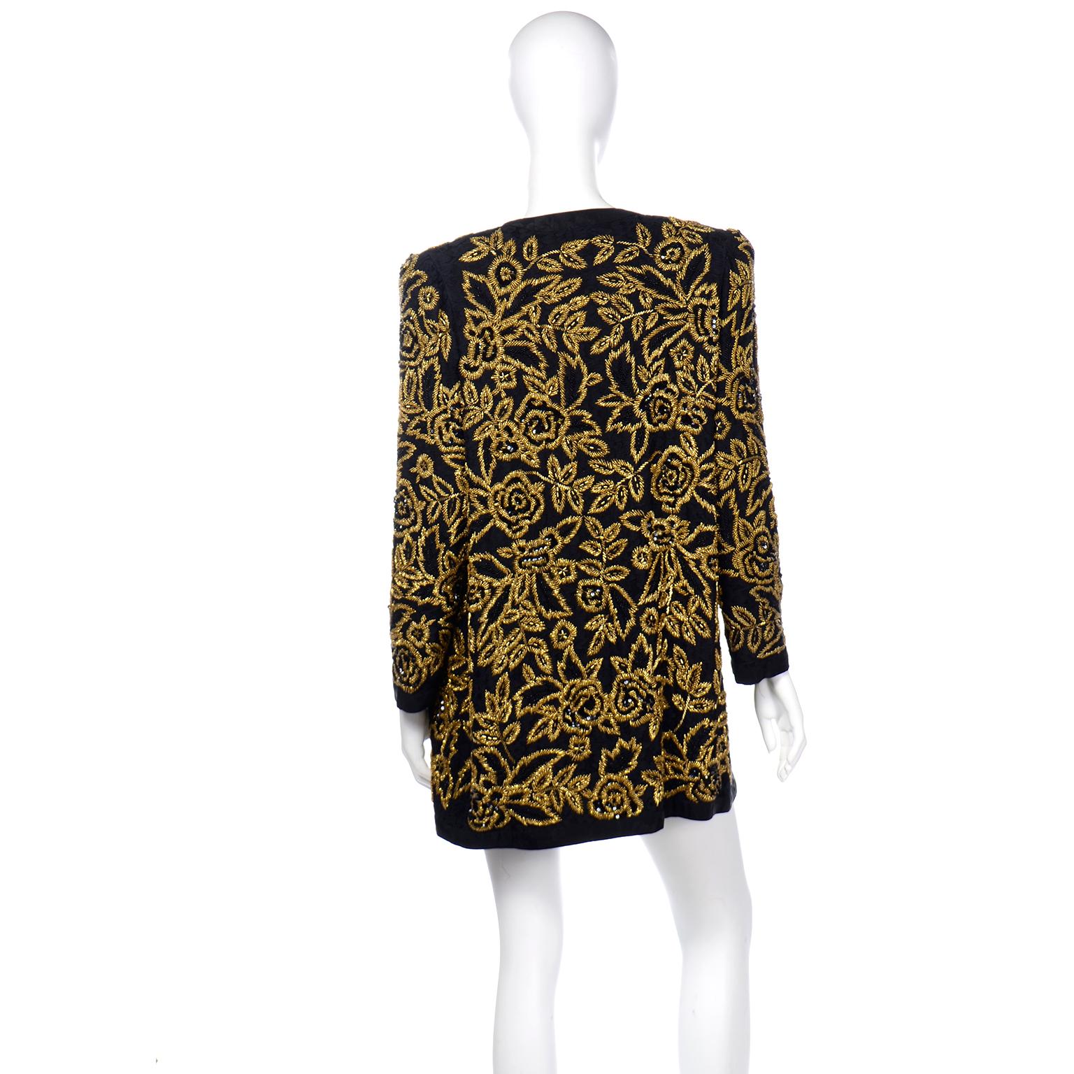 Women's Vintage Diane Freis Black Silk Open Front Evening Jacket W Heavy Gold Embroidery
