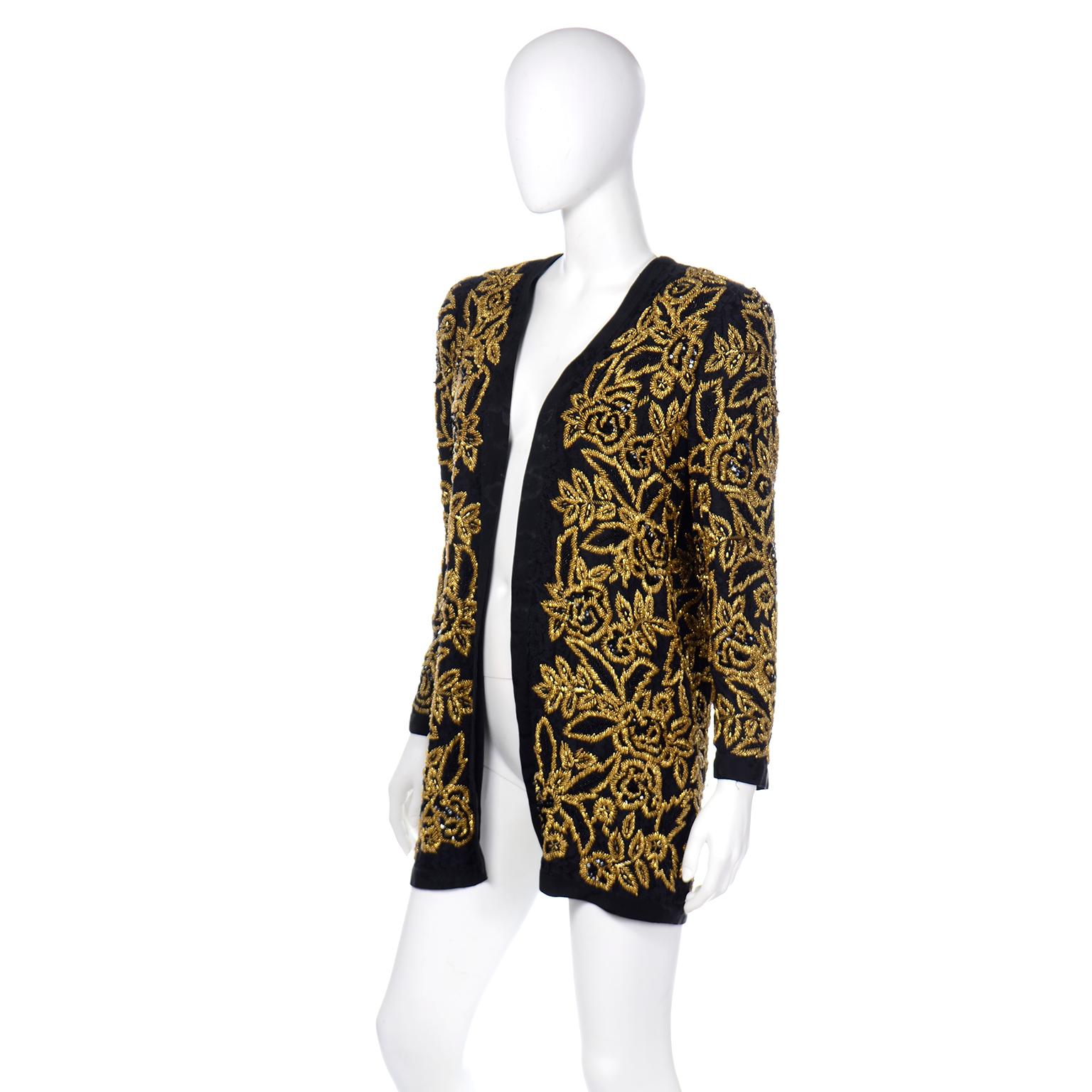 Vintage Diane Freis Black Silk Open Front Evening Jacket W Heavy Gold Embroidery 1