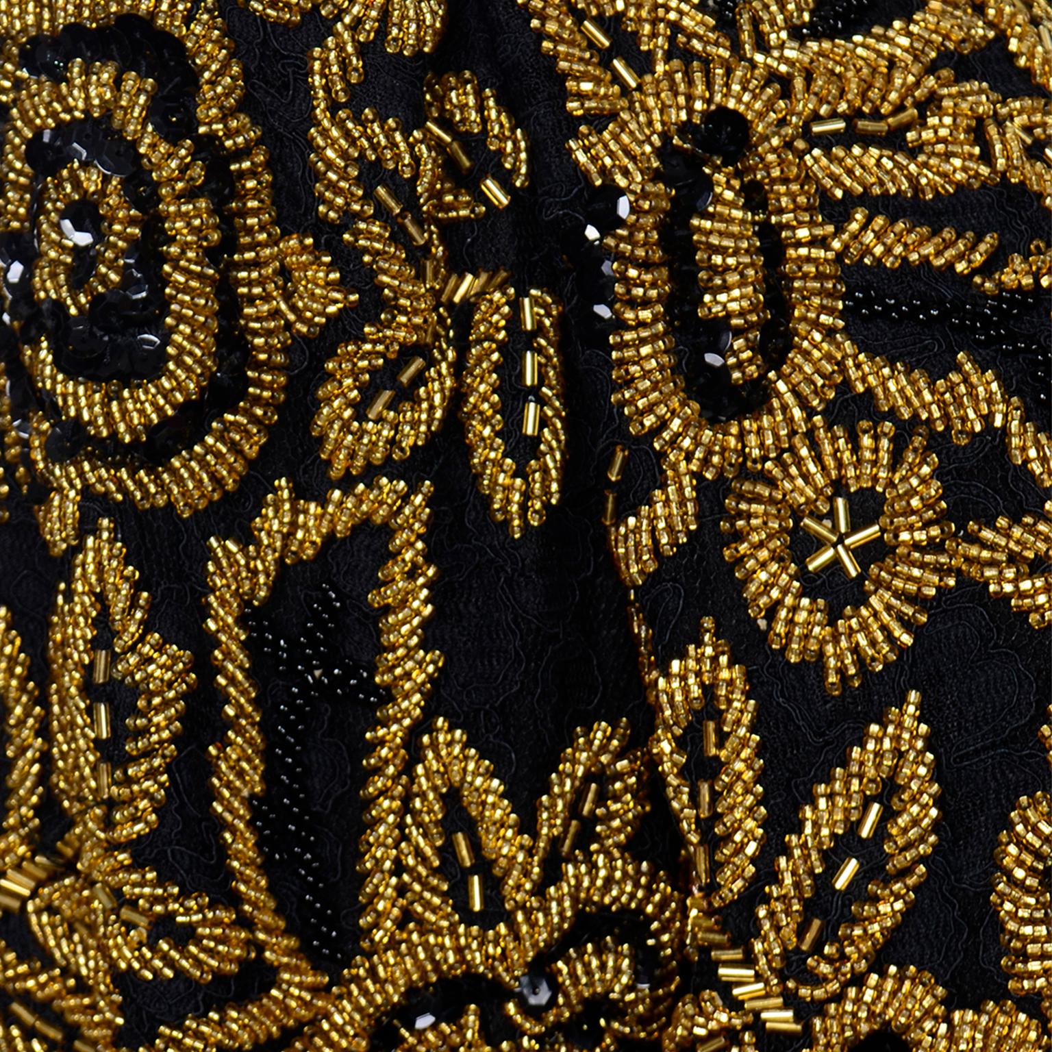 Vintage Diane Freis Black Silk Open Front Evening Jacket W Heavy Gold Embroidery 2