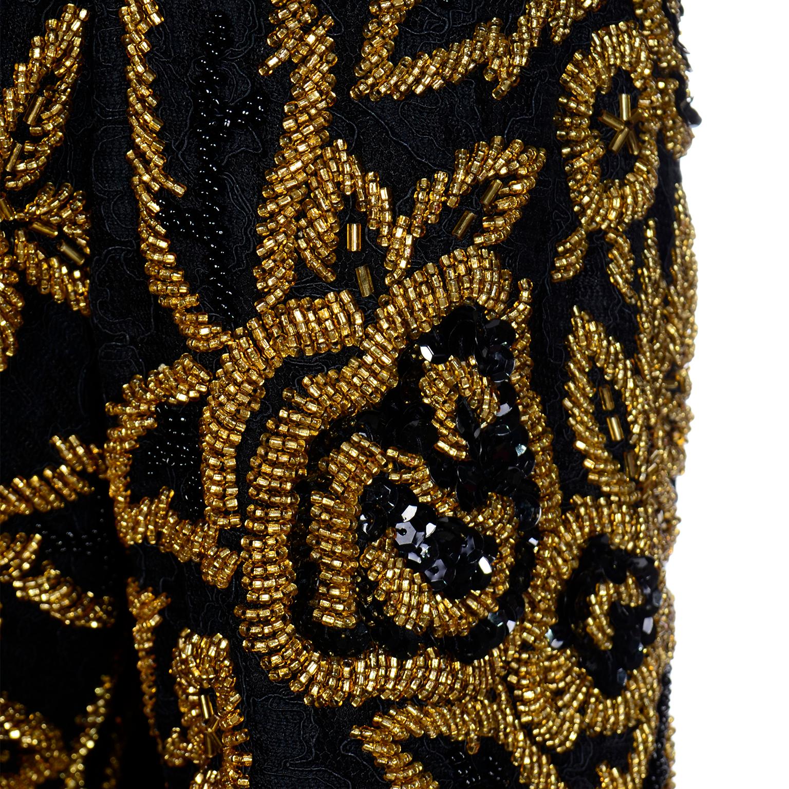 Vintage Diane Freis Black Silk Open Front Evening Jacket W Heavy Gold Embroidery 3