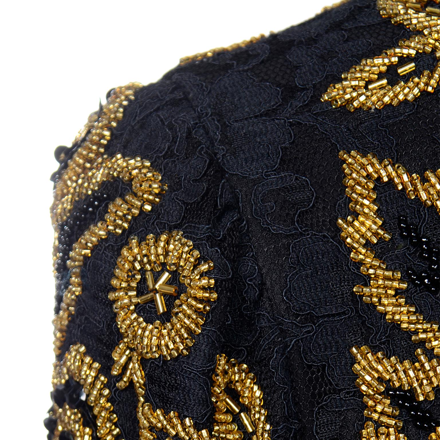 Vintage Diane Freis Black Silk Open Front Evening Jacket W Heavy Gold Embroidery 4