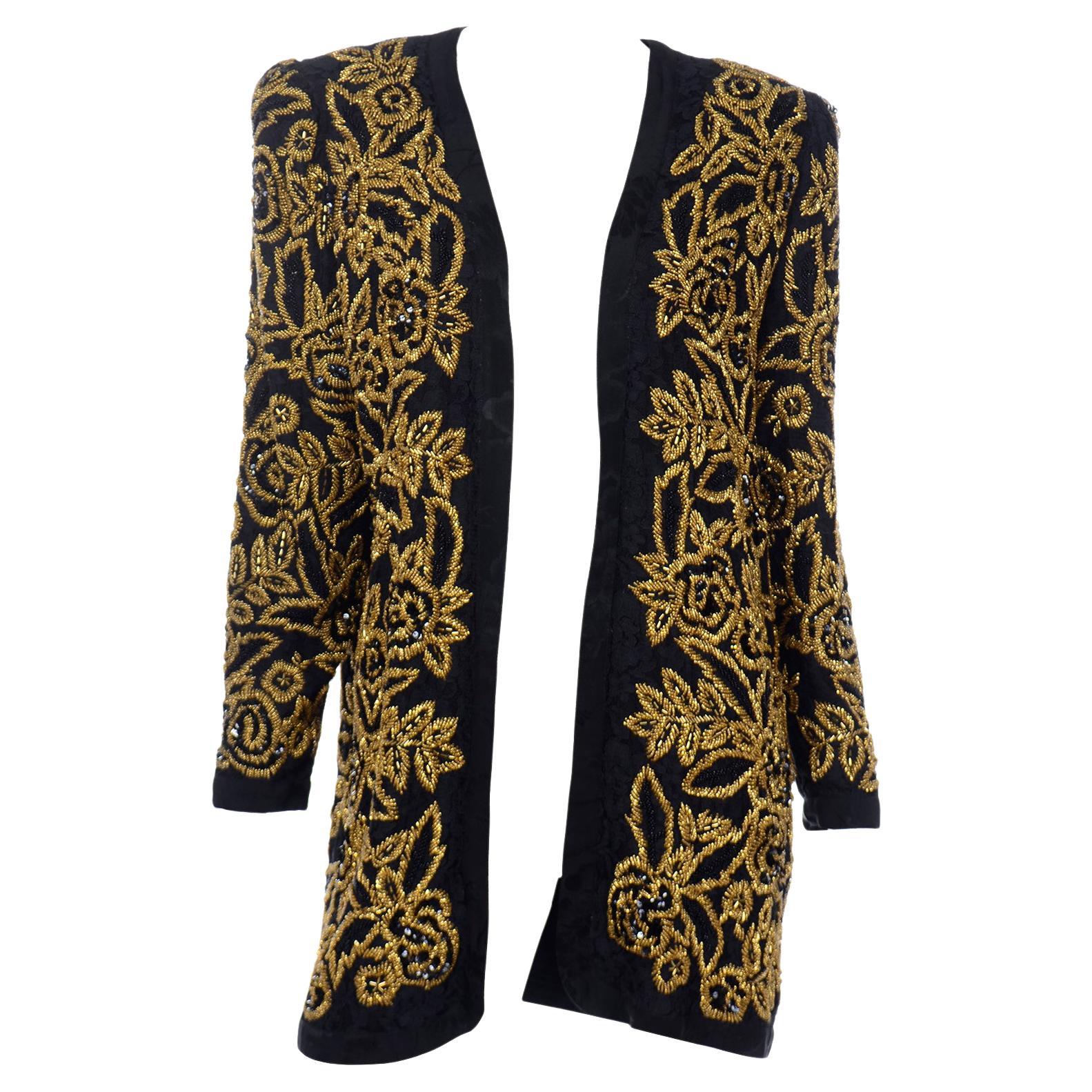 Vintage Diane Freis Black Silk Open Front Evening Jacket W Heavy Gold Embroidery