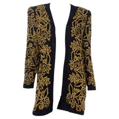 Retro Diane Freis Black Silk Open Front Evening Jacket W Heavy Gold Embroidery