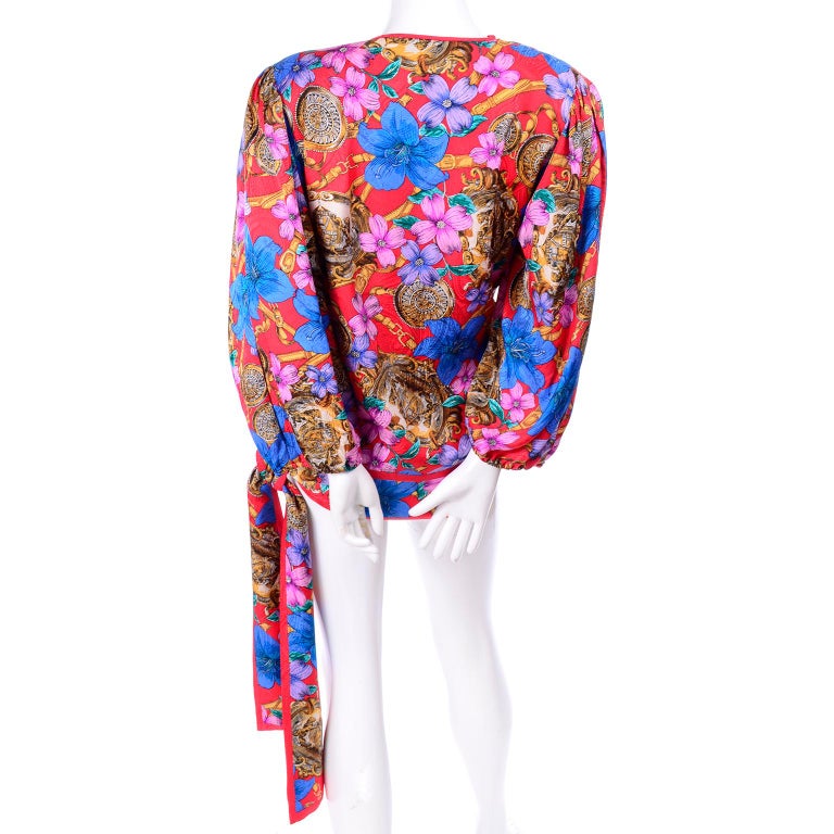 Vintage Diane Freis Blouse in Silk Baroque Print Top With Tassels & Side Sash For Sale 6
