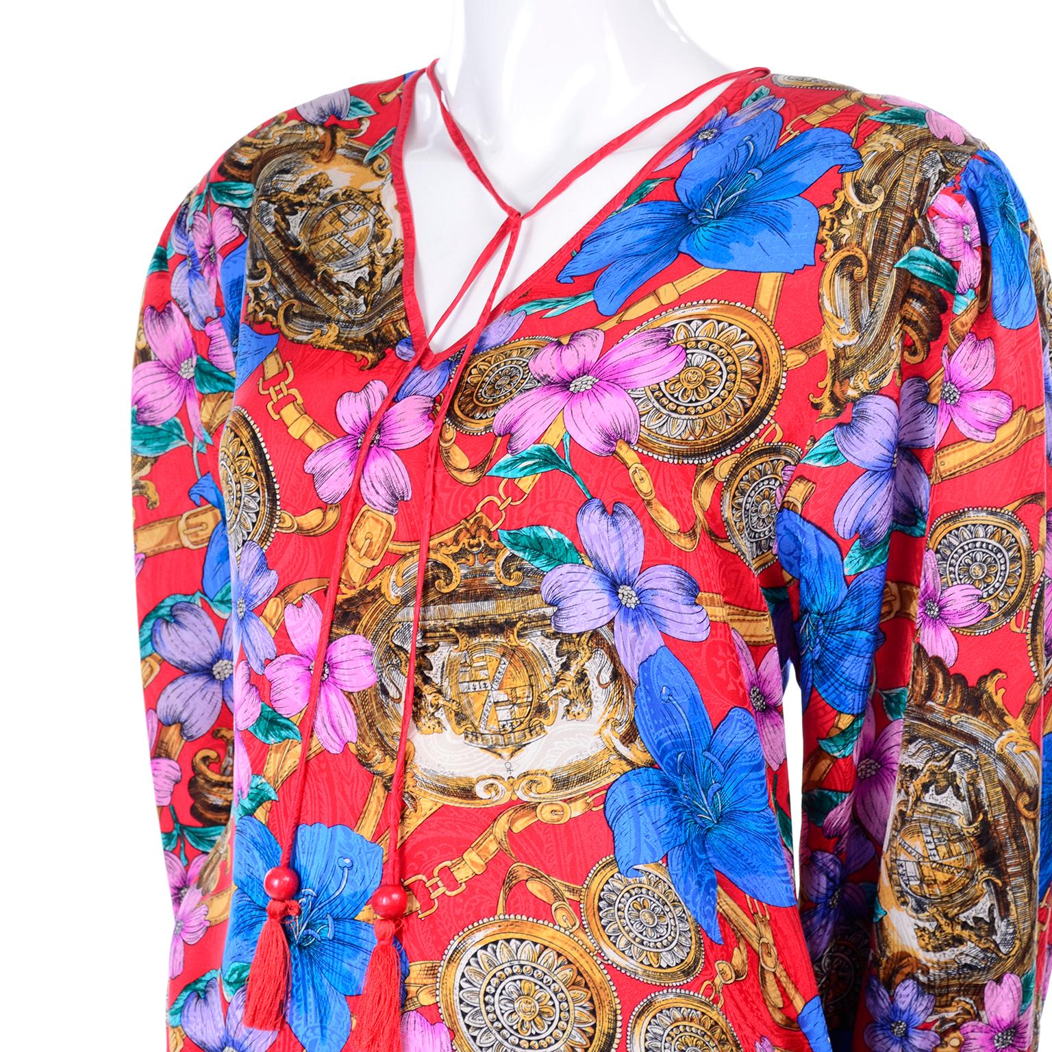 Pink Vintage Diane Freis Blouse in Silk Baroque Print Top With Tassels & Side Sash